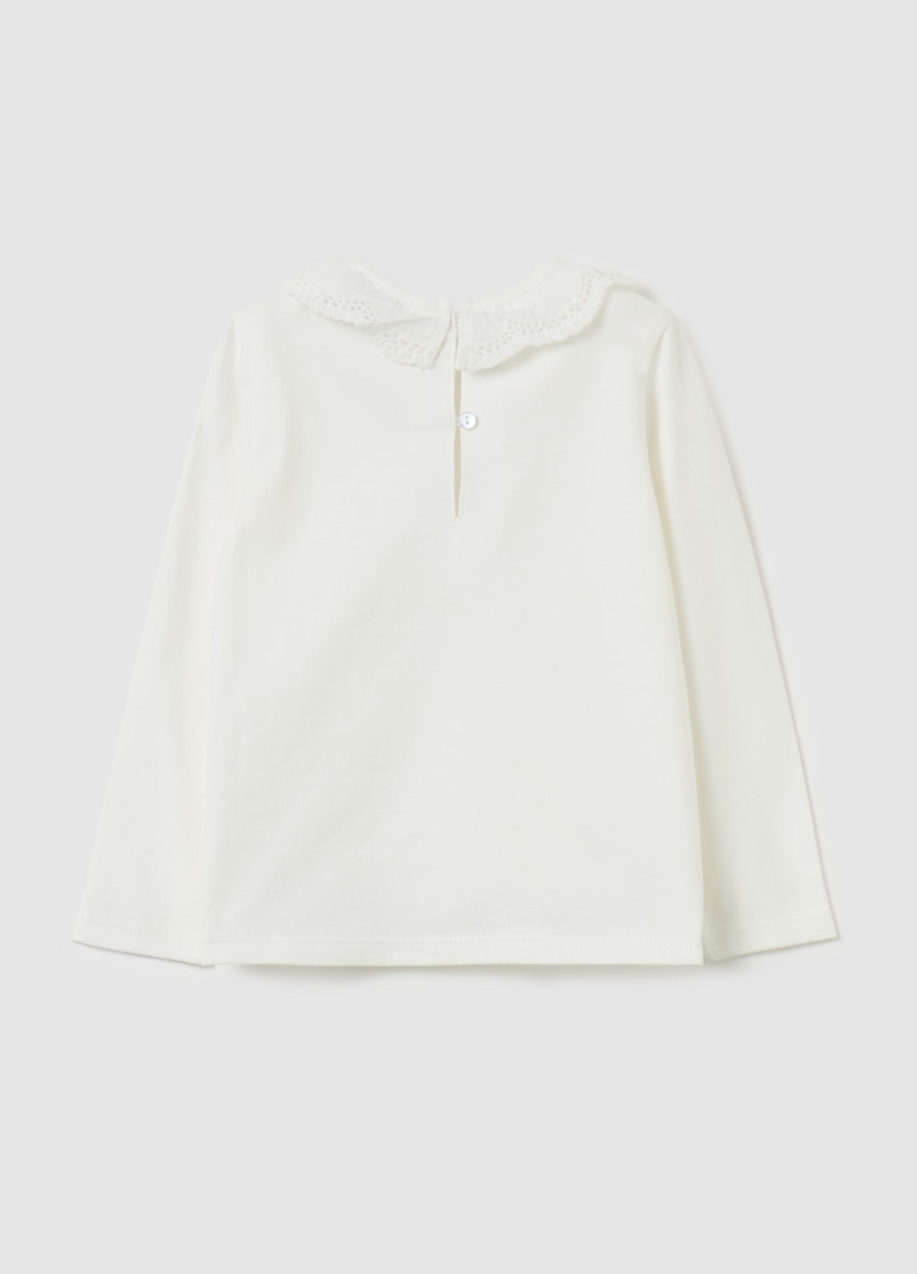 Long-sleeved T-shirt with broderie anglaise collar