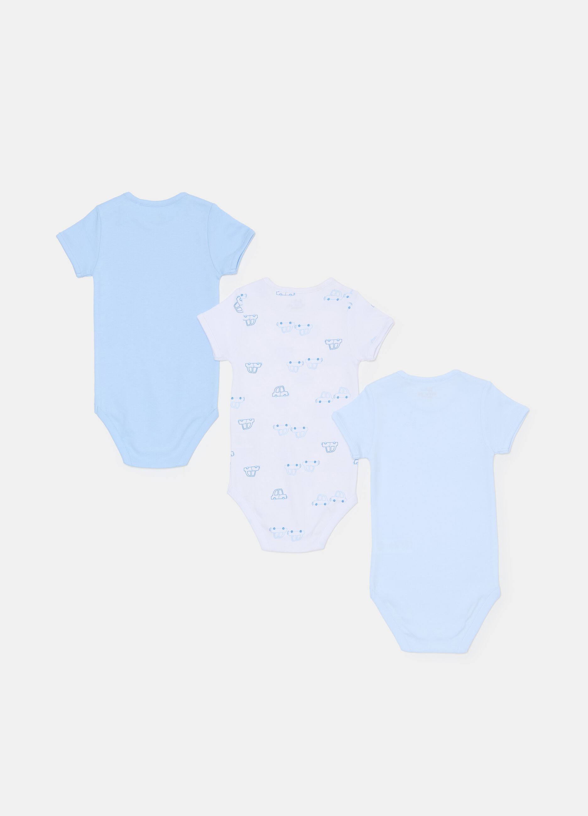 Three-pack bodysuits with toy cars print