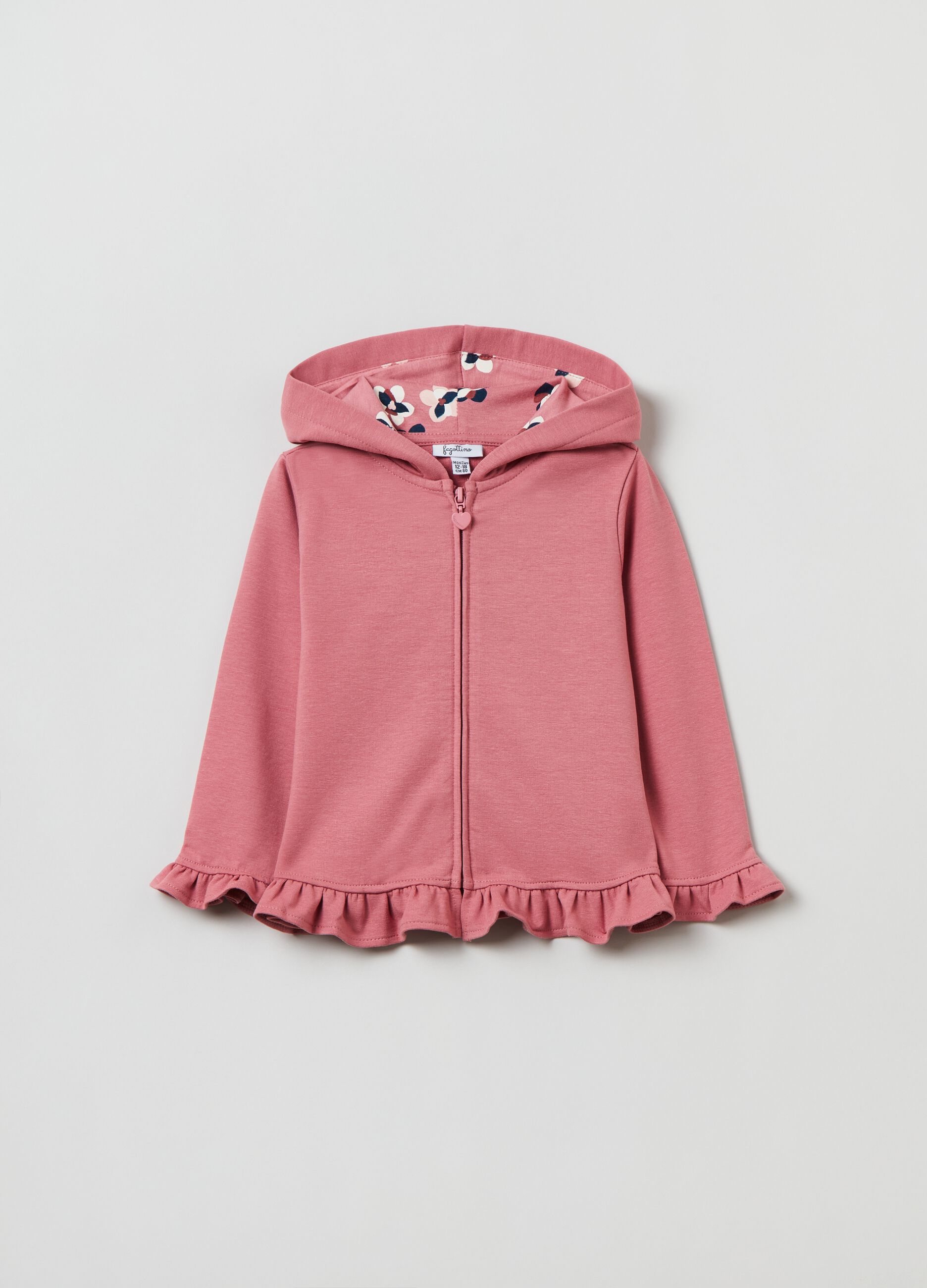 Full-zip hoodie with hood and ruffles