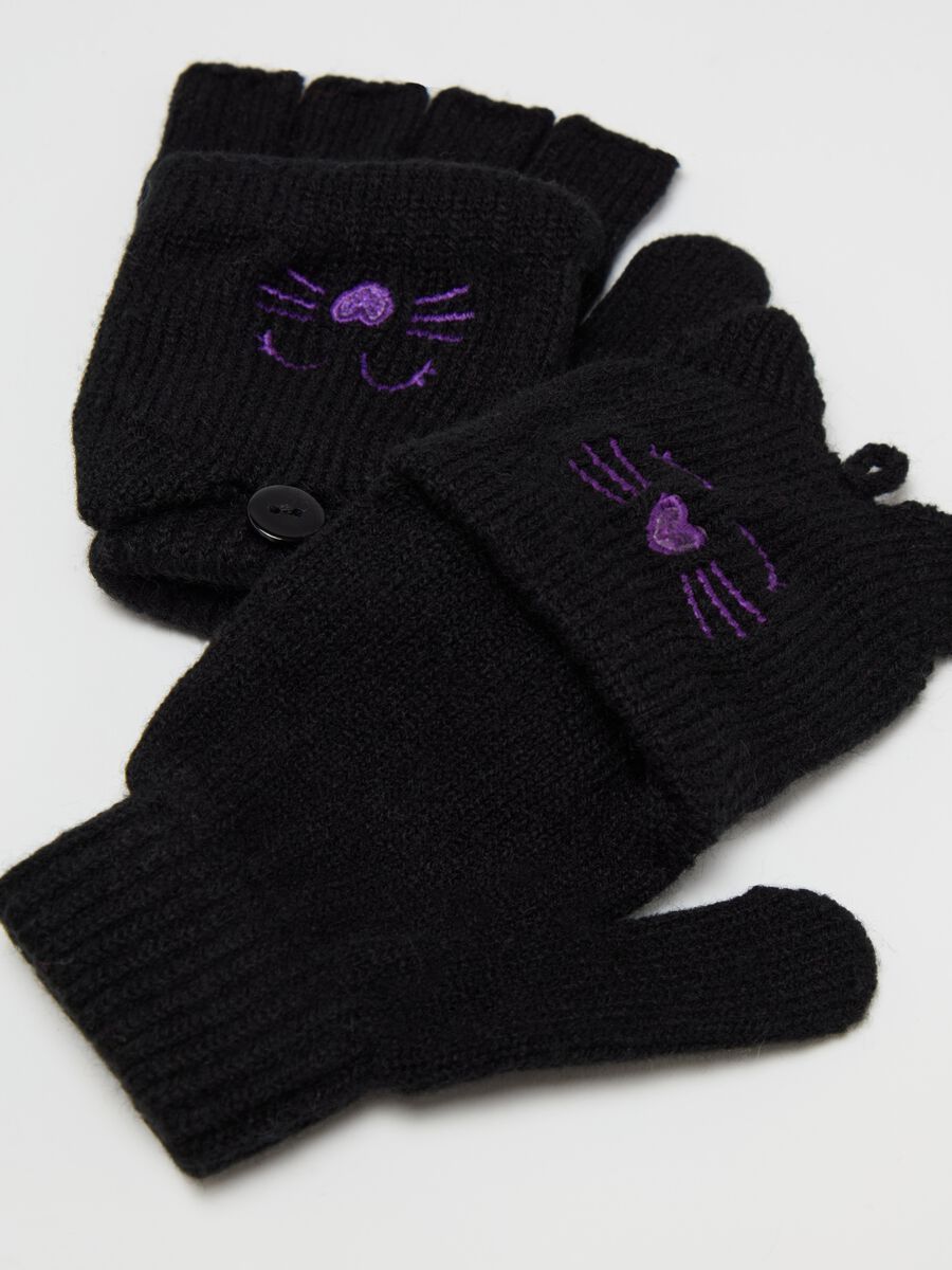 Half-finger gloves with kitten embroidery_2