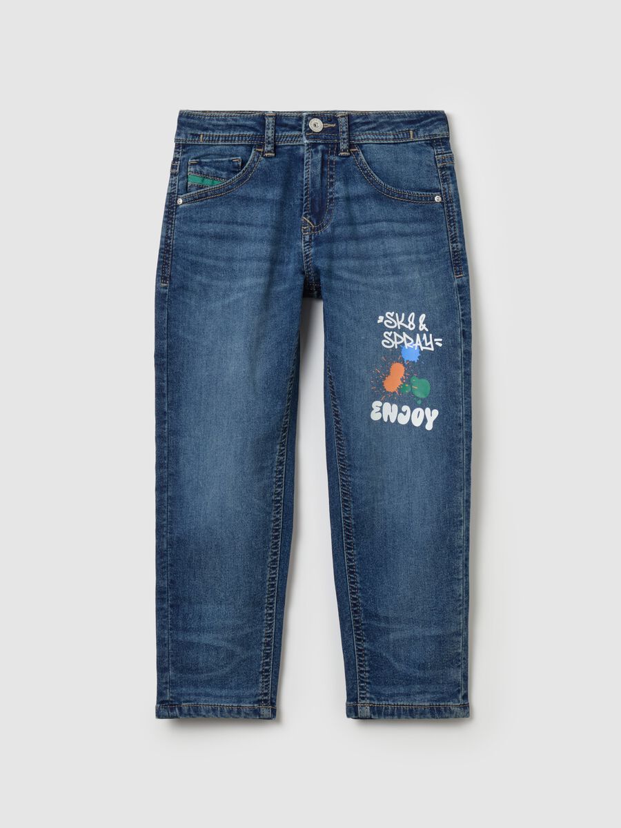 Jeans with five pockets and "Sk8 & Spray” print_0