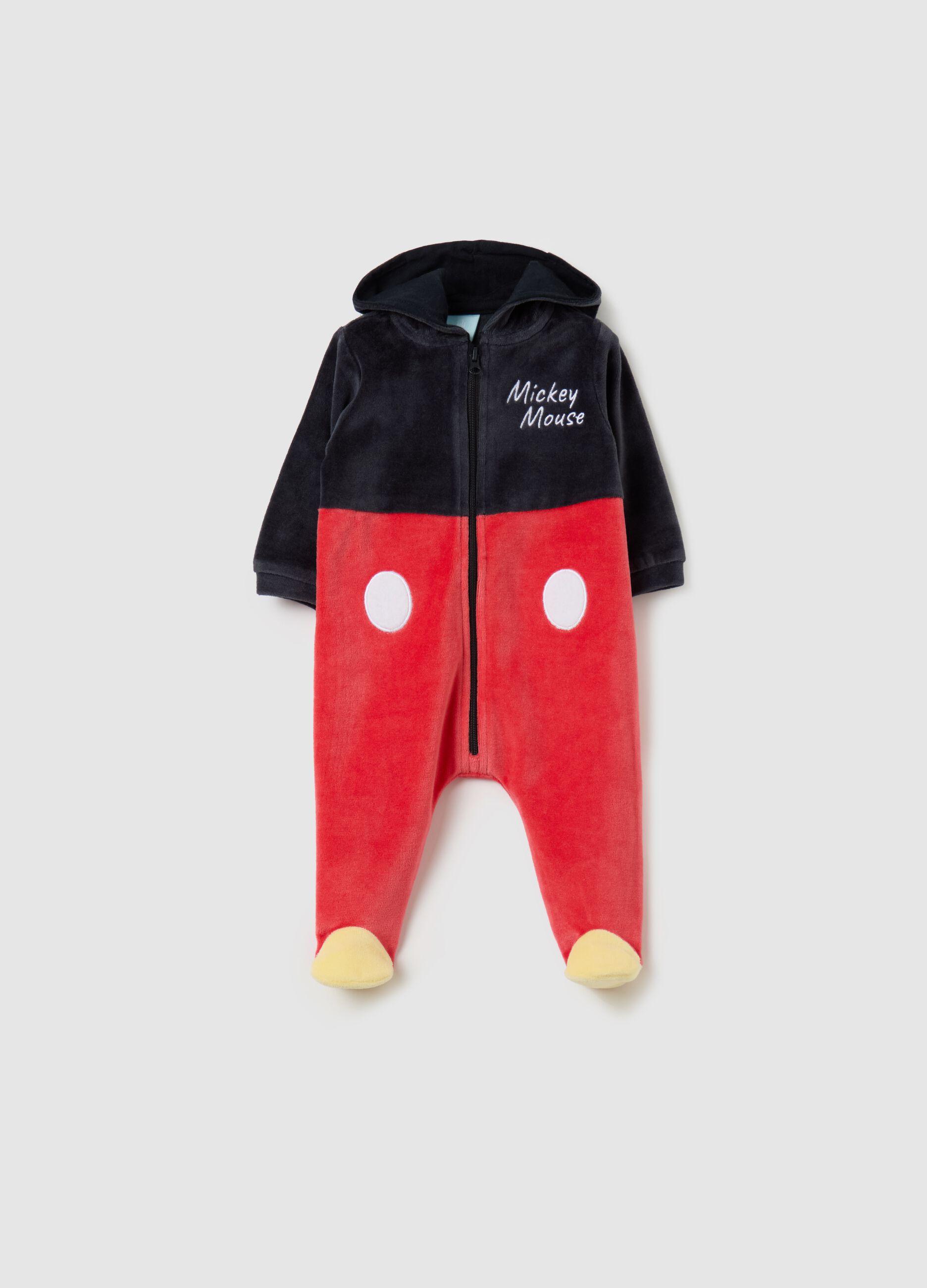 Velour onesie with feet and embroidered Mickey Mouse