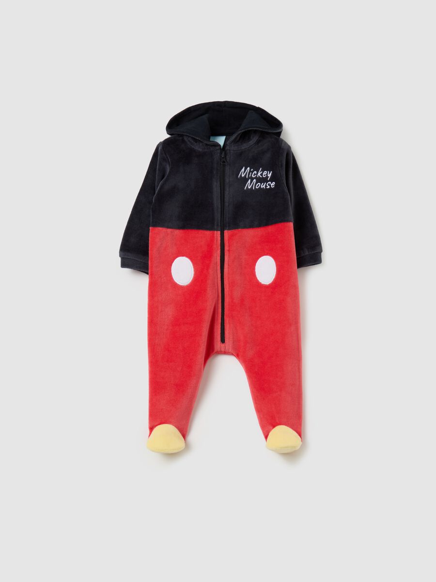 Velour onesie with feet and embroidered Mickey Mouse_0