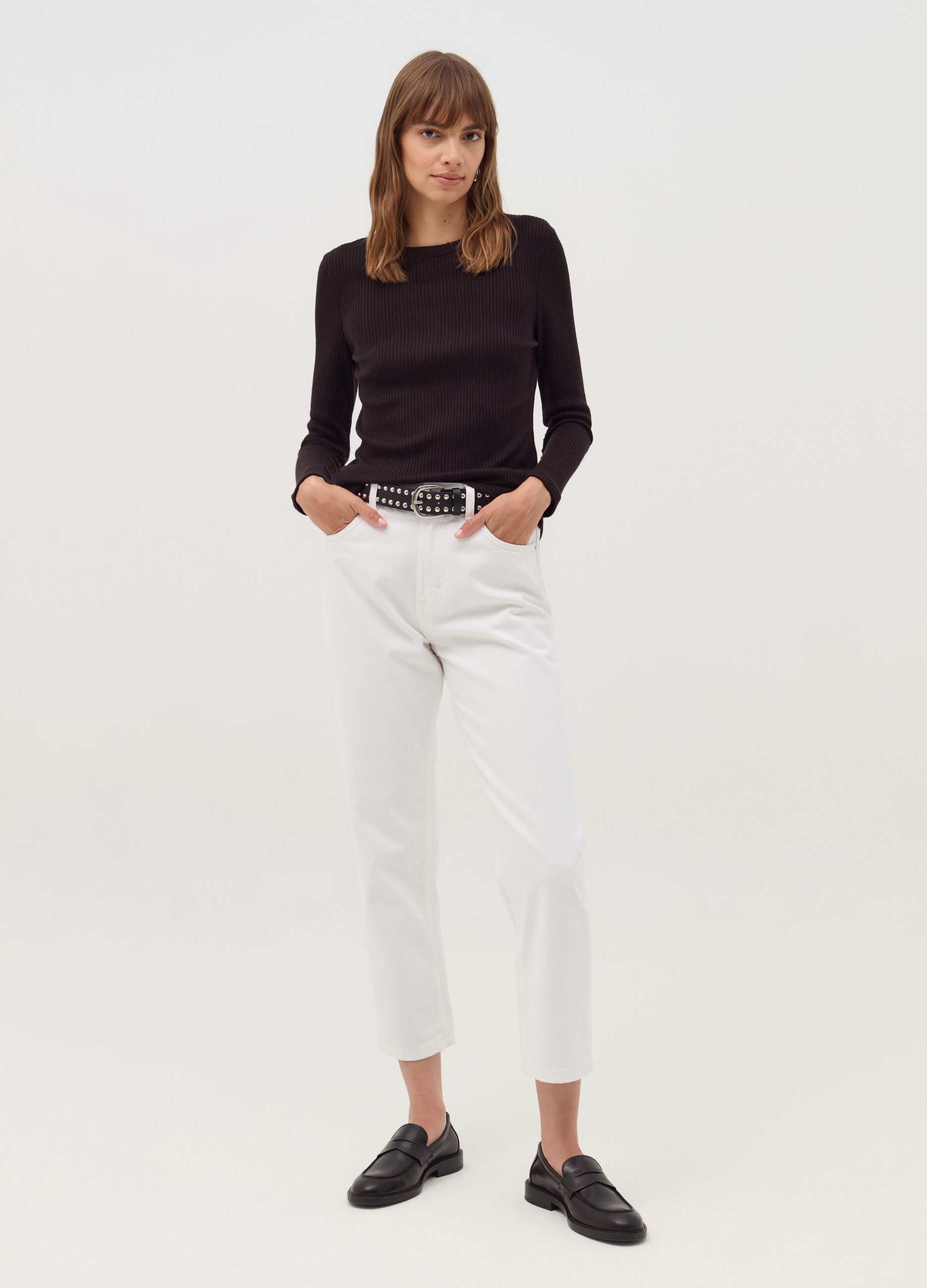 Flat-rib T-shirt with round neck and lurex