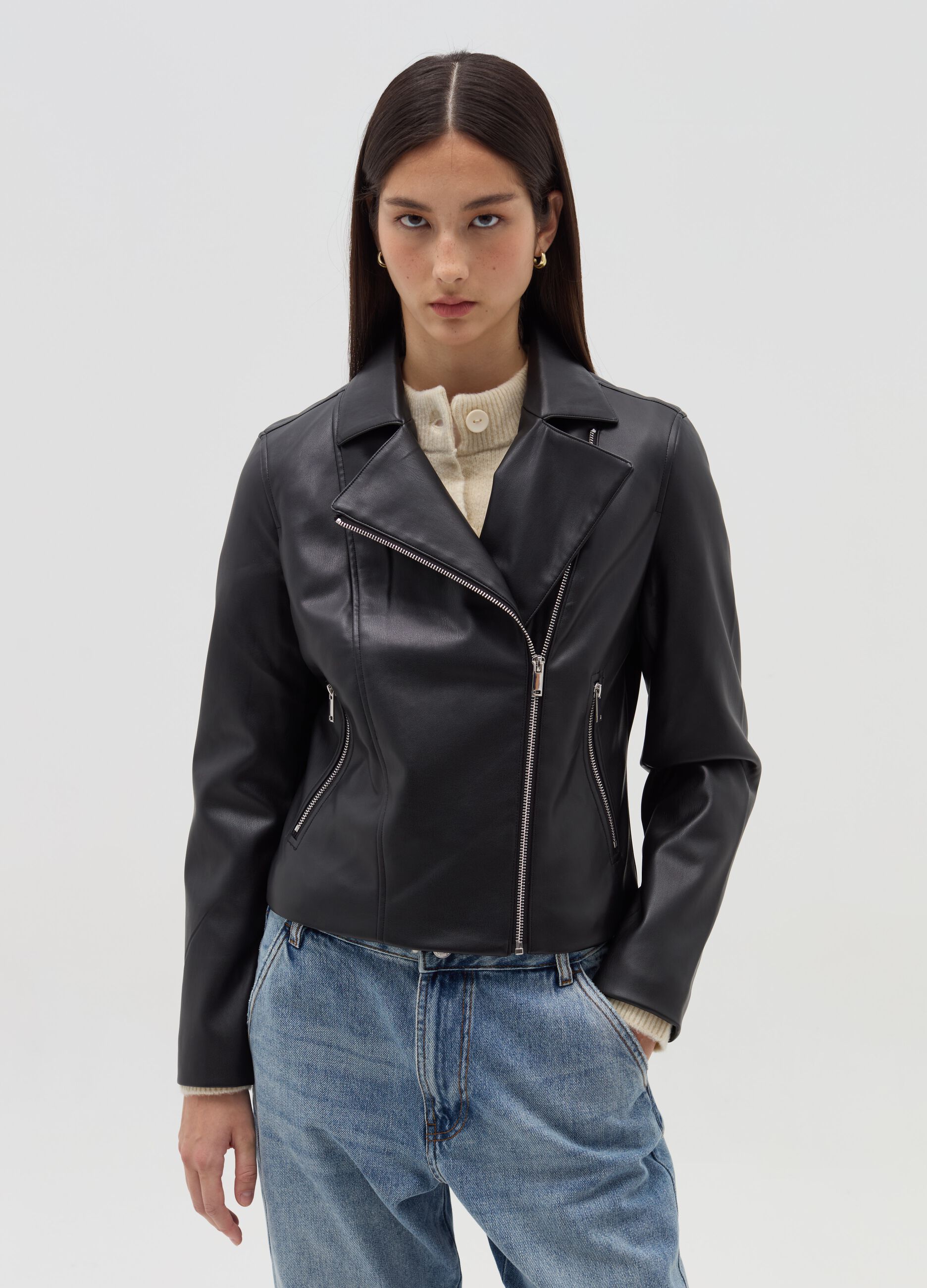 Glossy-effect biker jacket with zip