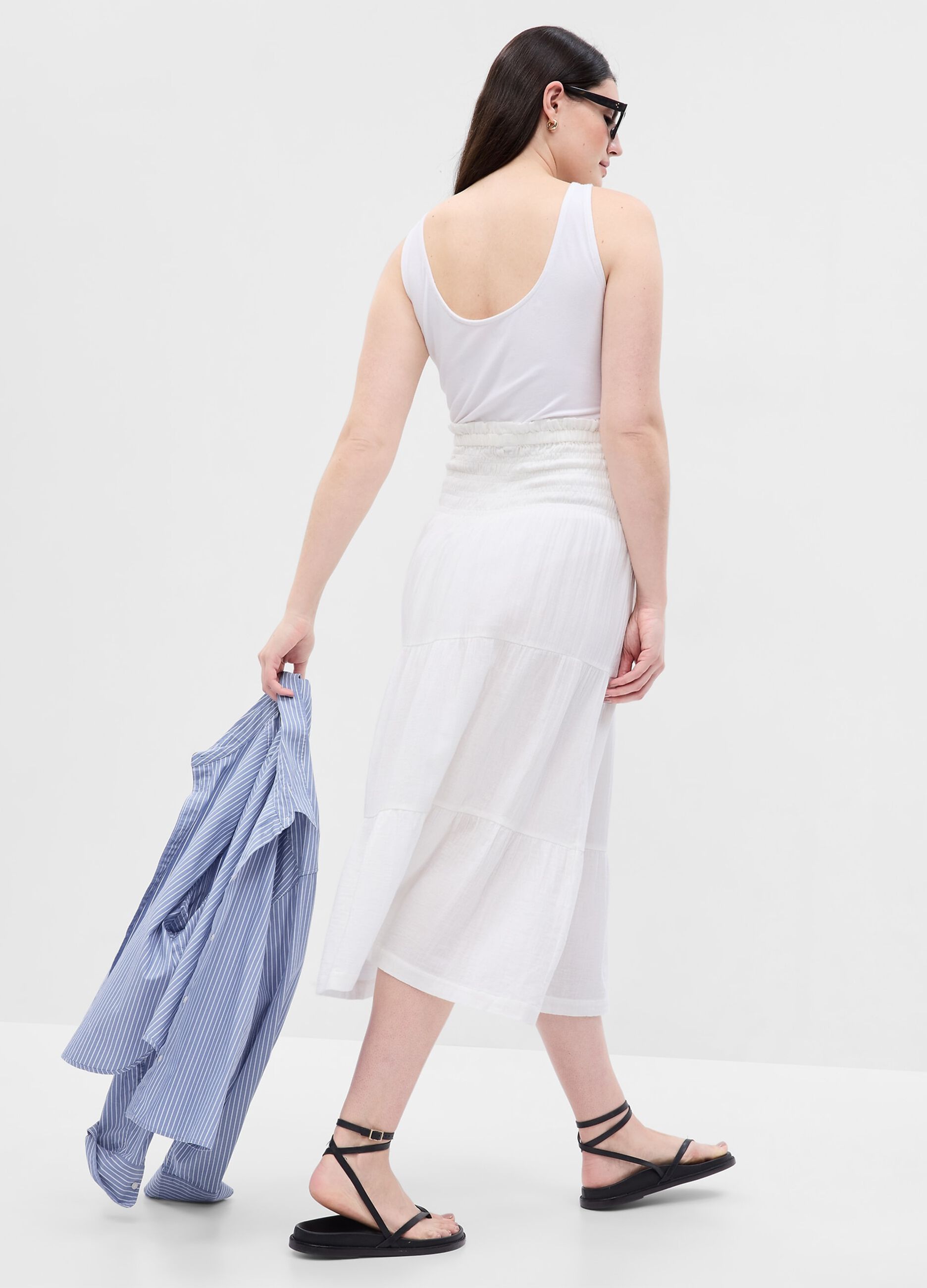 Tiered midi skirt in cotton gauze with flounces