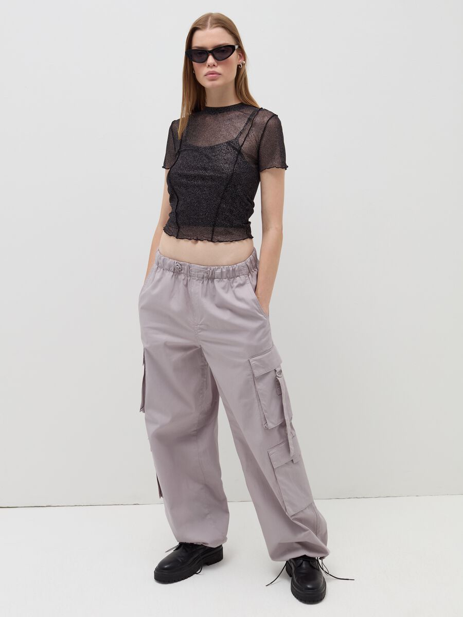 Crop T-shirt in mesh with wavy edging_0