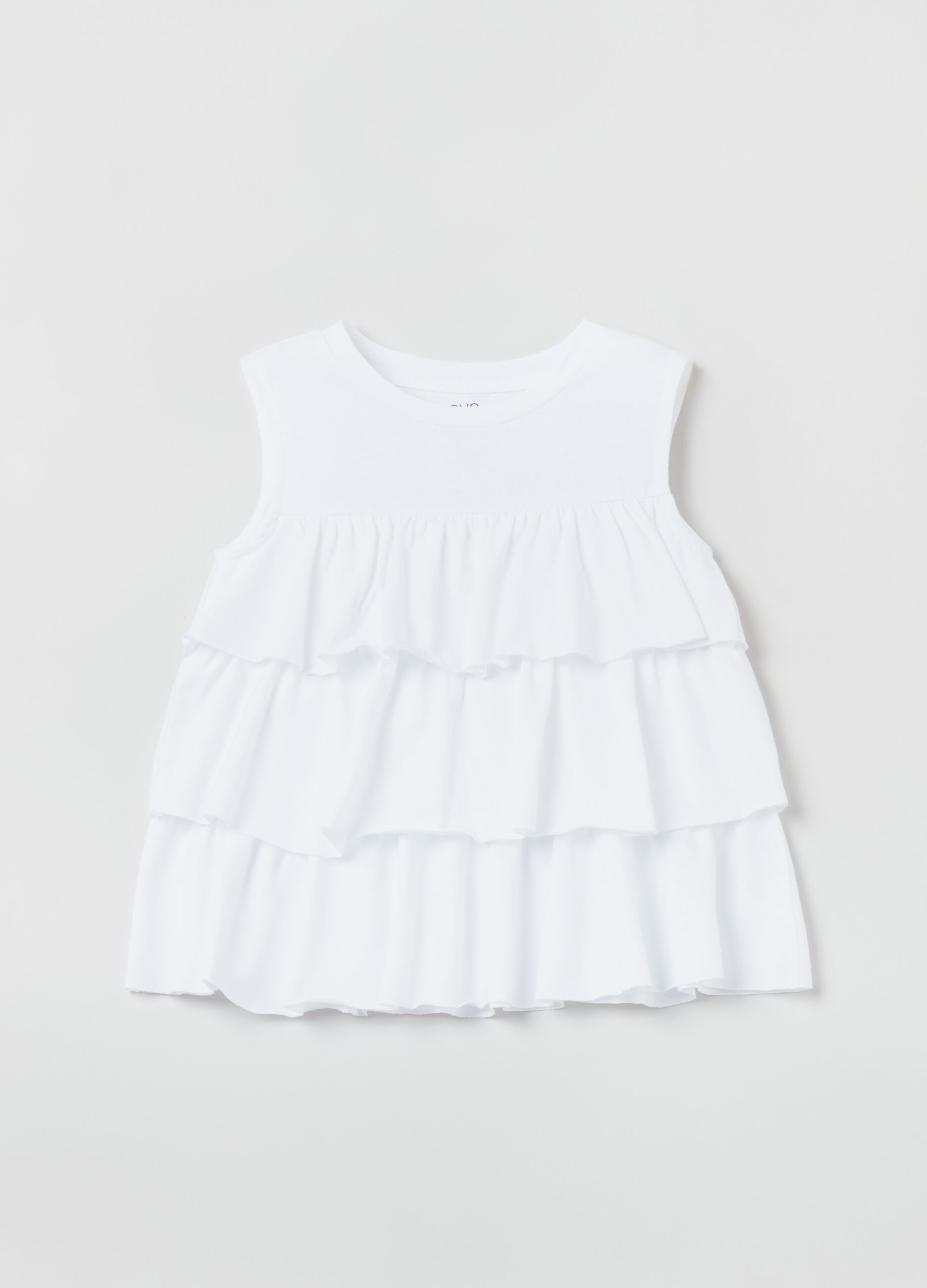 Sleeveless T-shirt in cotton with flounces