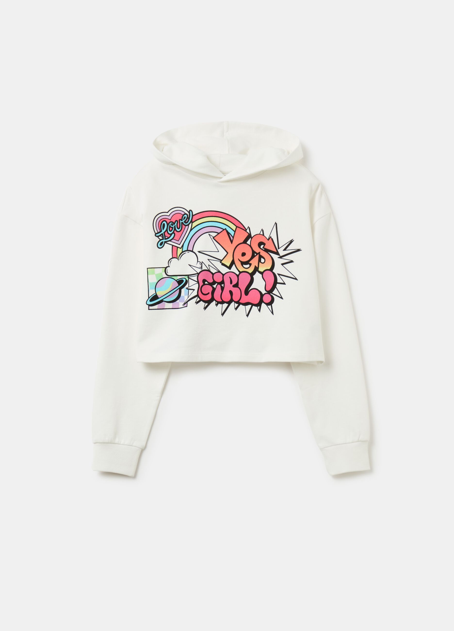 Crop sweatshirt with hood and print