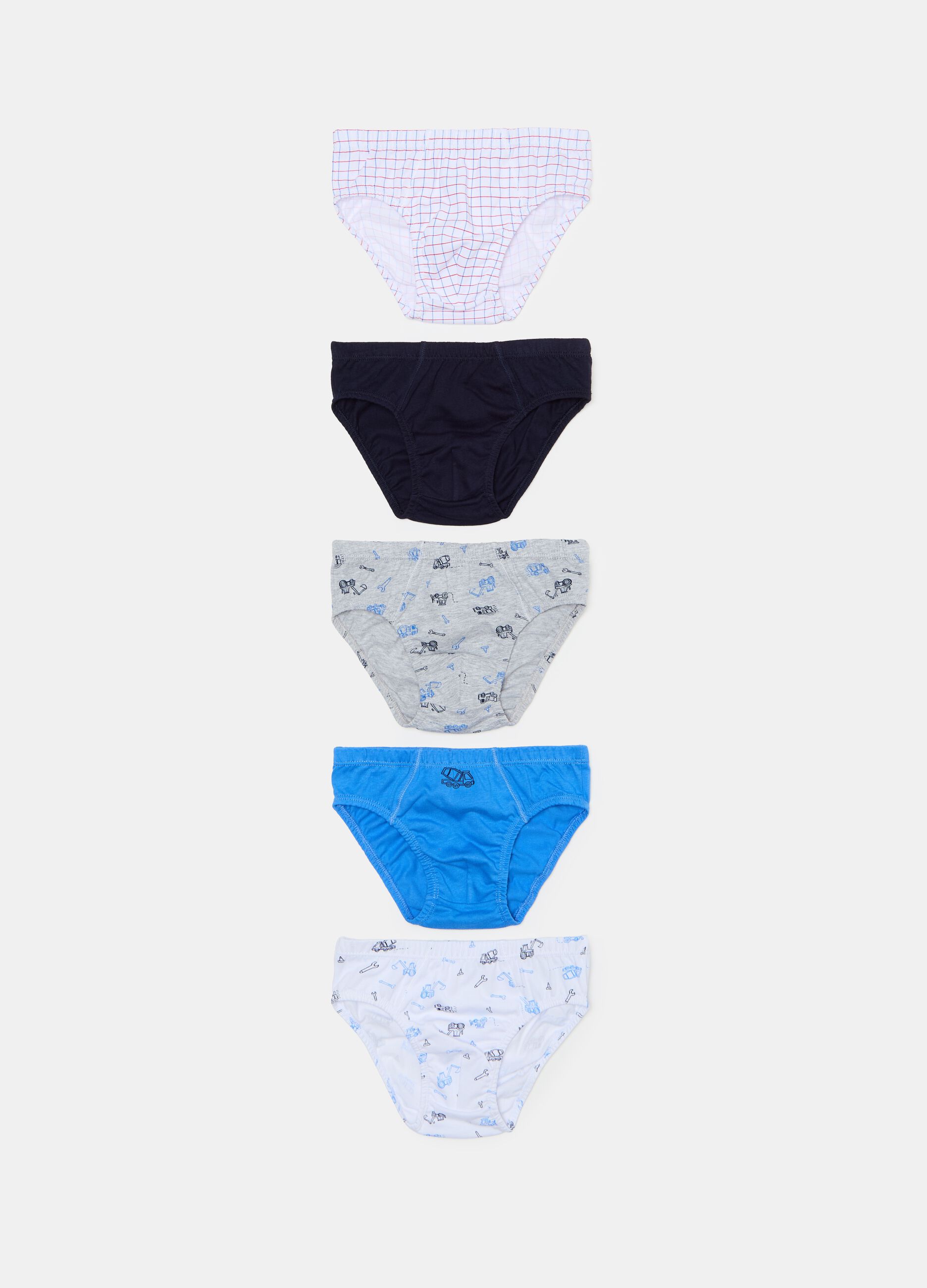 Five-pack organic cotton briefs with patterned print