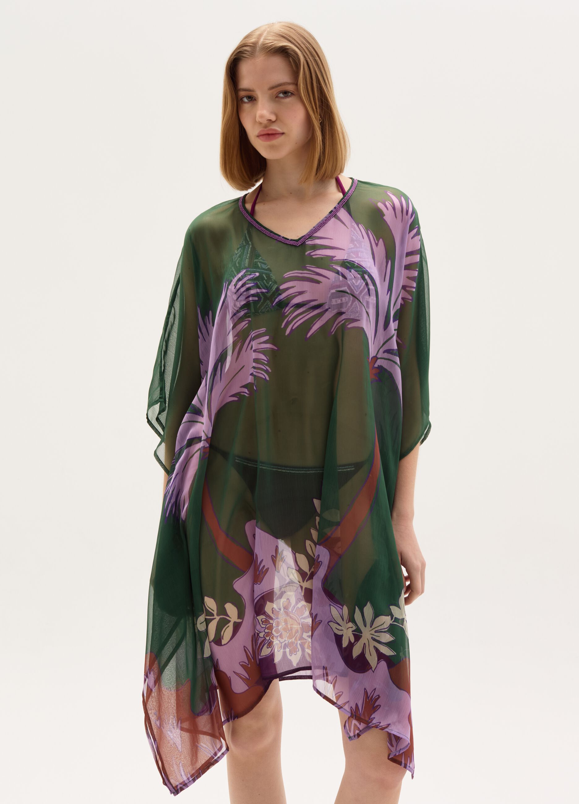 Beach cover-up poncho in chiffon with print