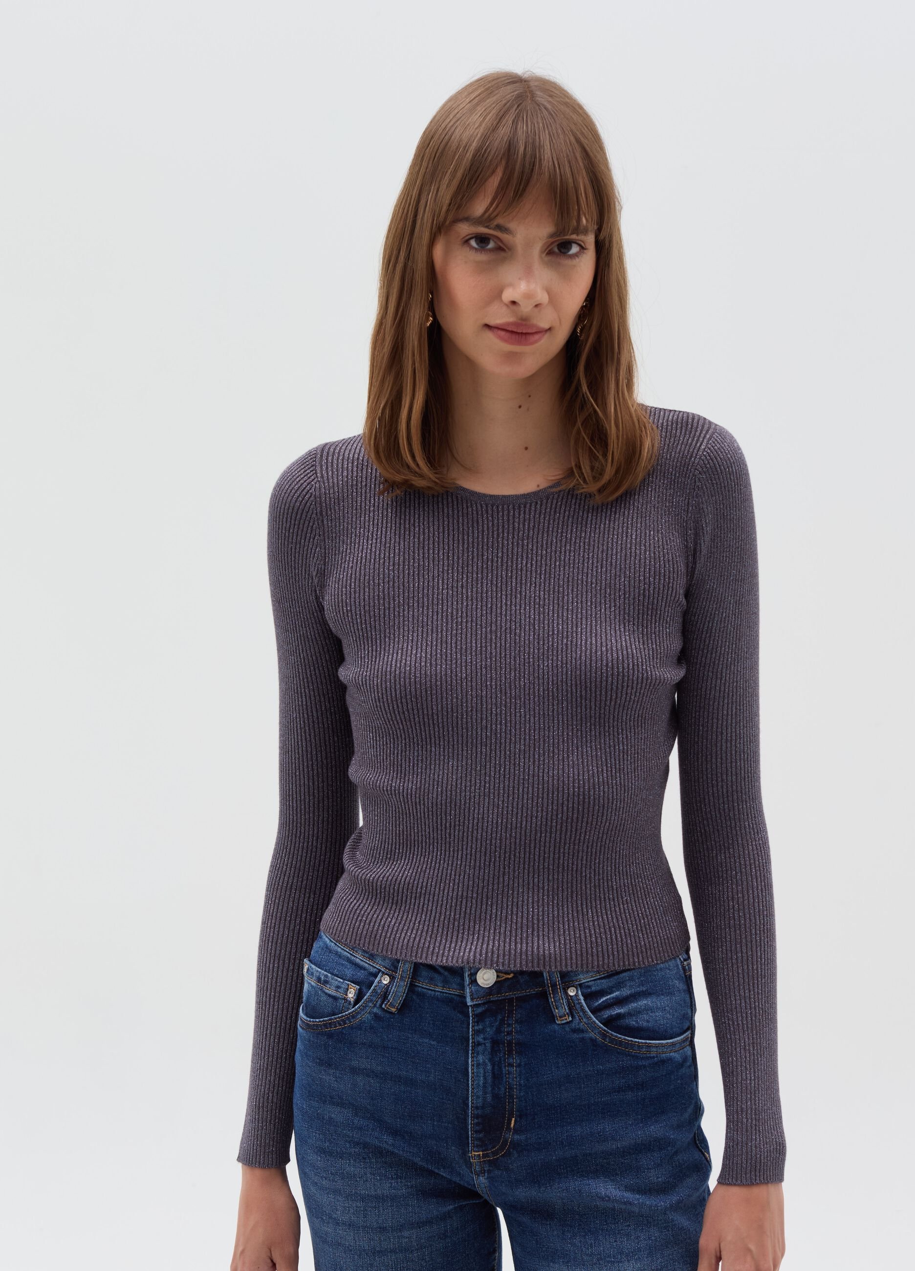 Ribbed top in lurex with long sleeves