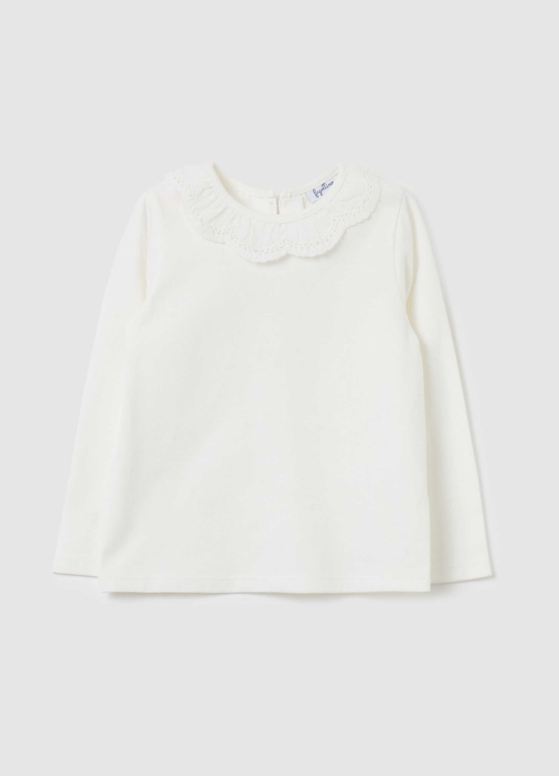 Long-sleeved T-shirt with broderie anglaise collar