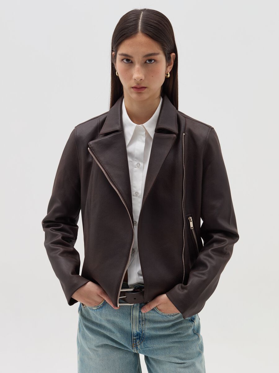 Glossy-effect biker jacket with zip_1