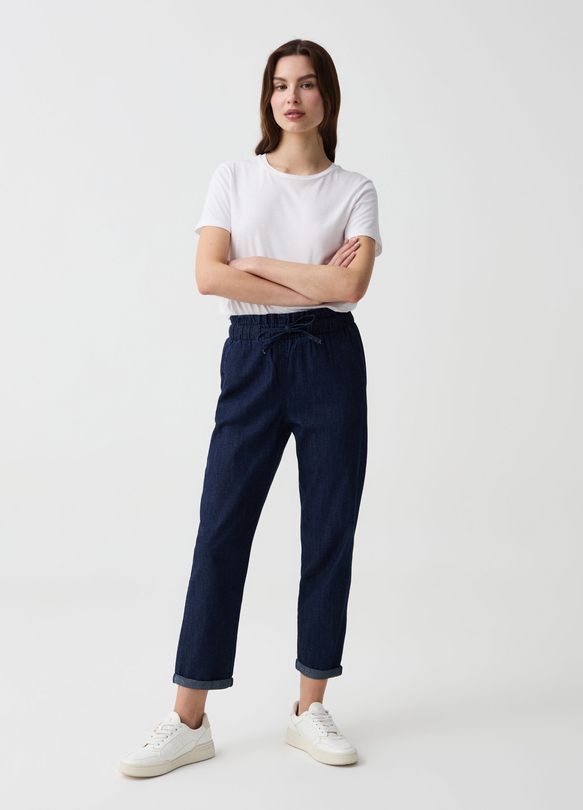 Ovs Joggers crop in denim con coulisse