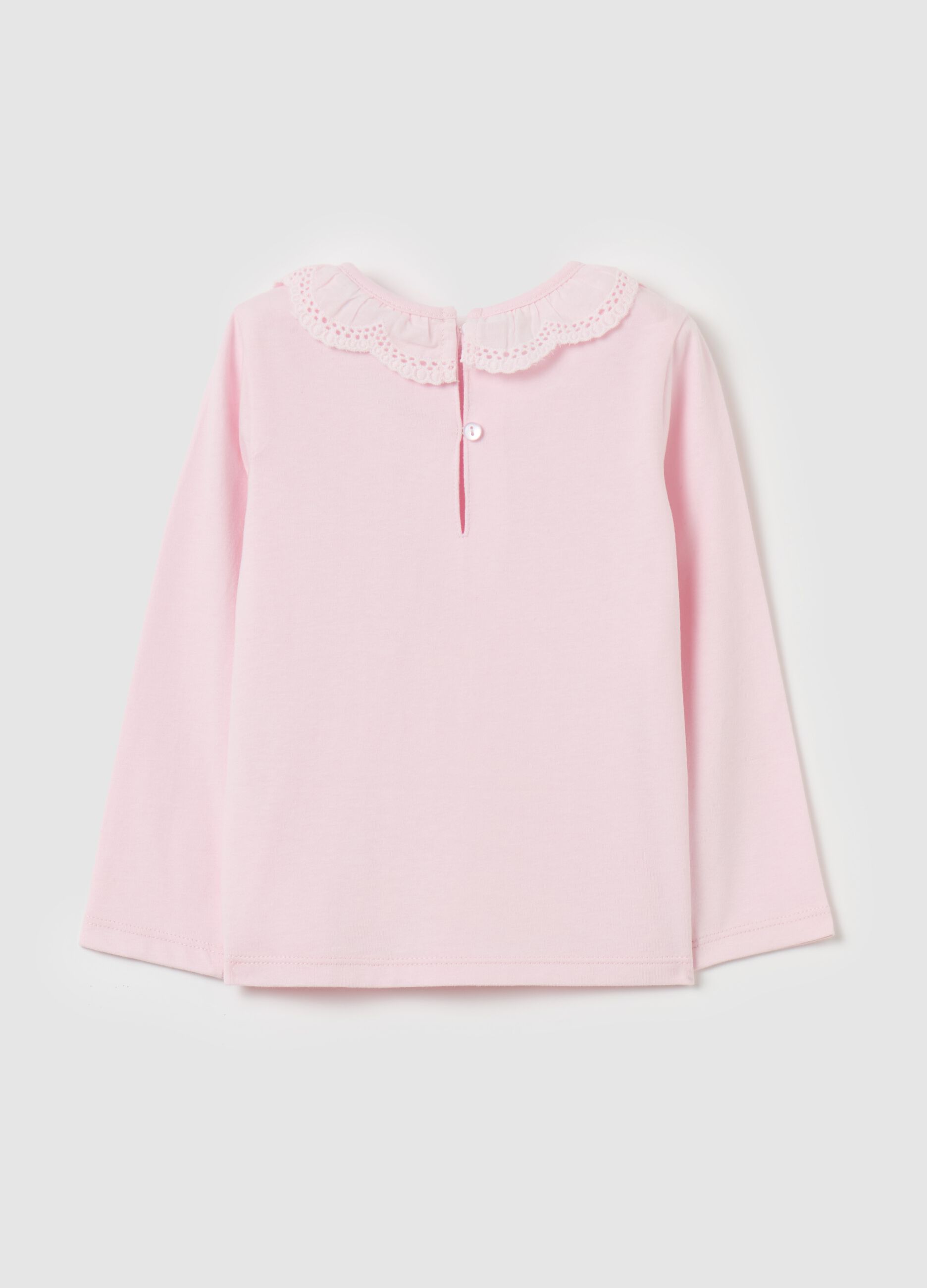 Long-sleeved T-shirt with broderie anglaise collar