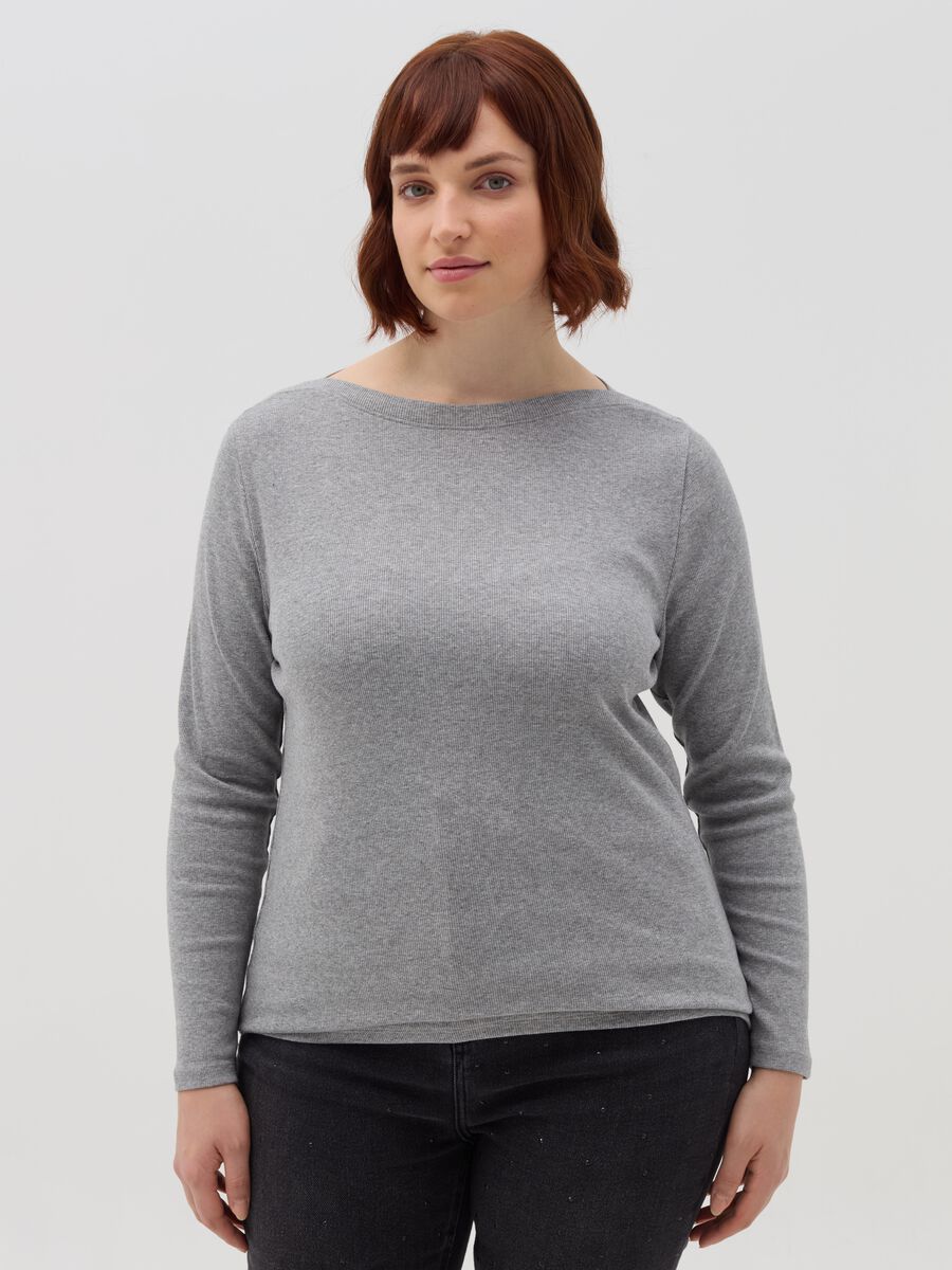 Curvy ribbed T-shirt with boat neck_0