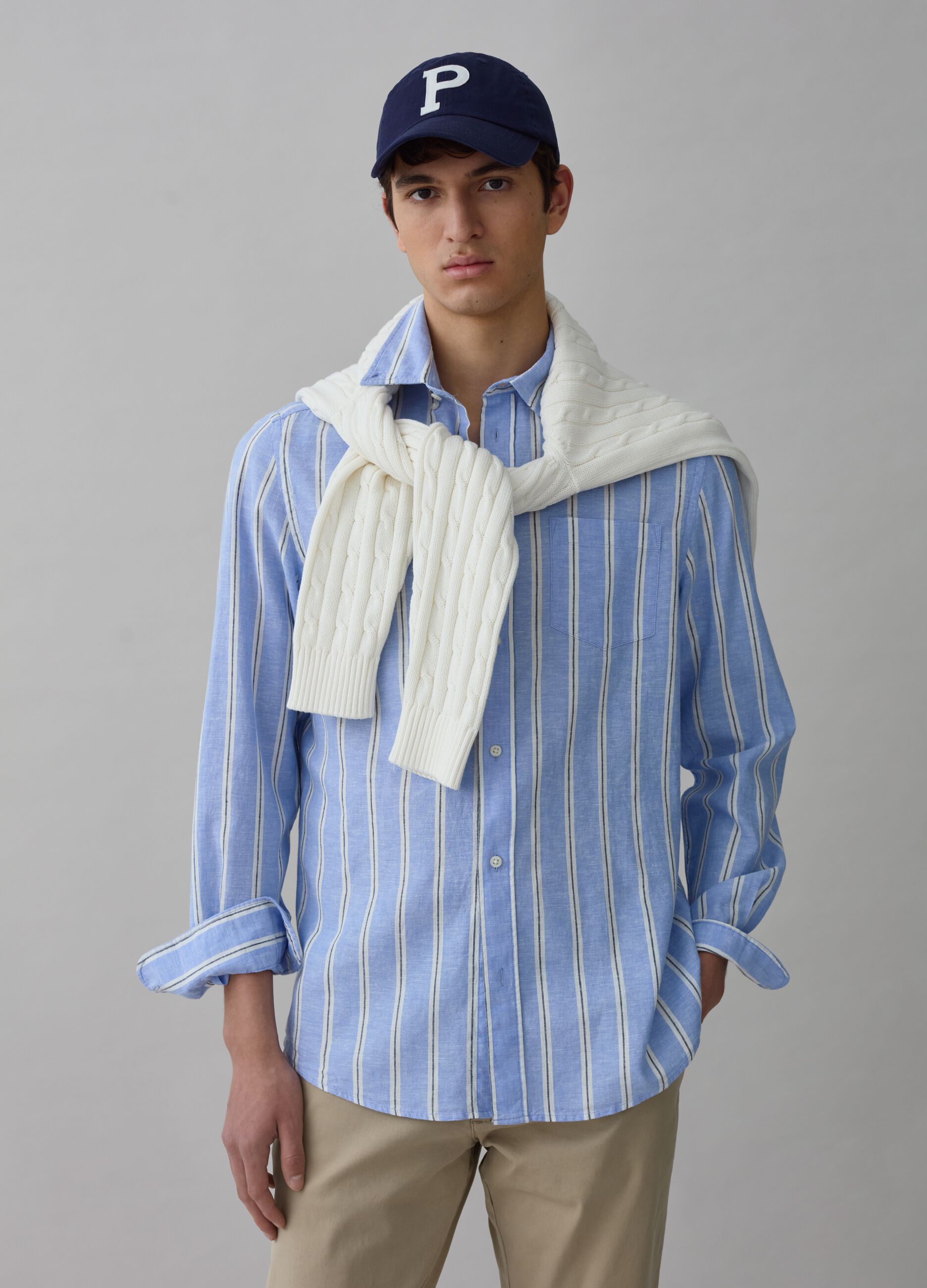 Ovs Camicia regular fit in lino e cotone a righe