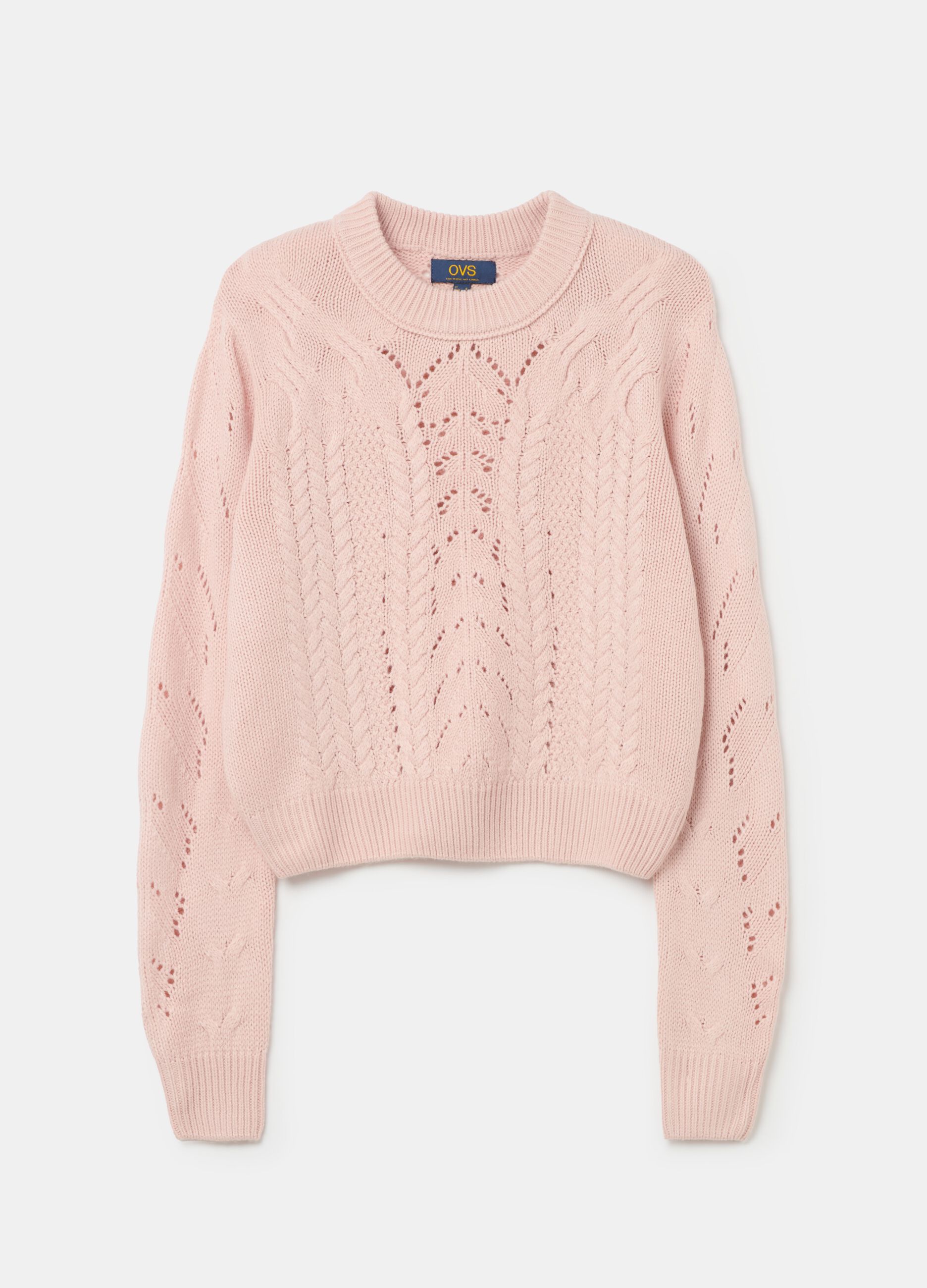 Cropped pointelle pullover with cable-knit design