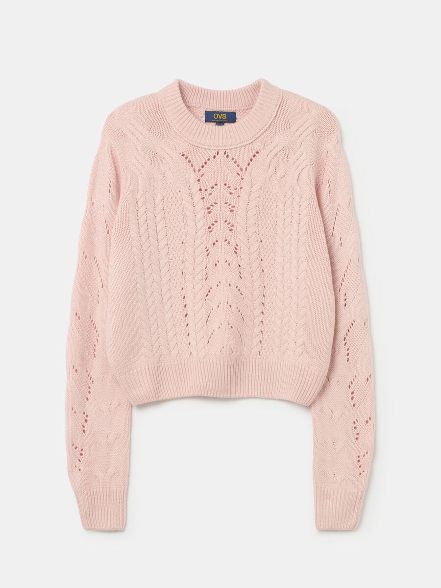 Cropped pointelle pullover with cable-knit design_4