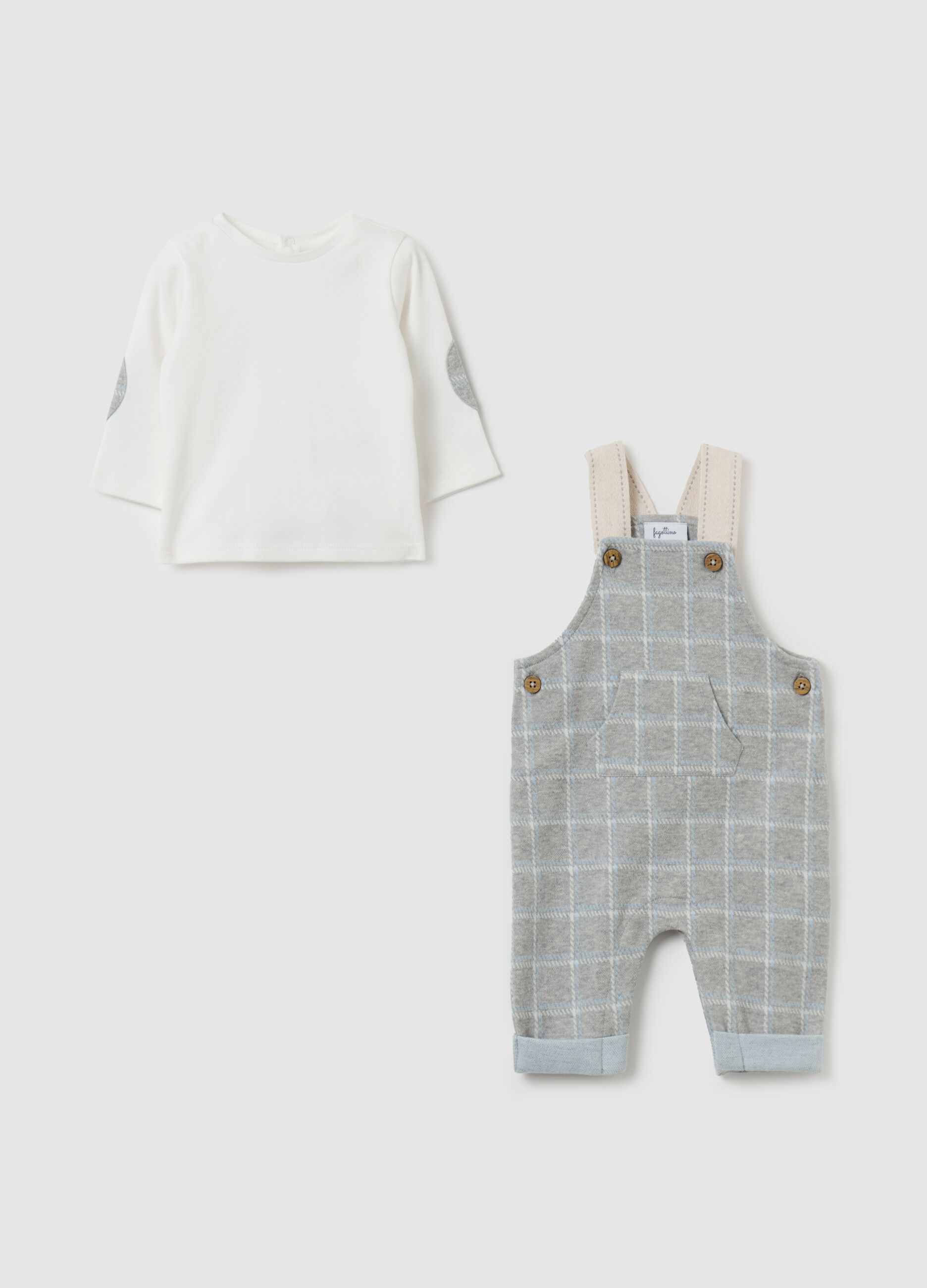 T-shirt and dungarees set with check print