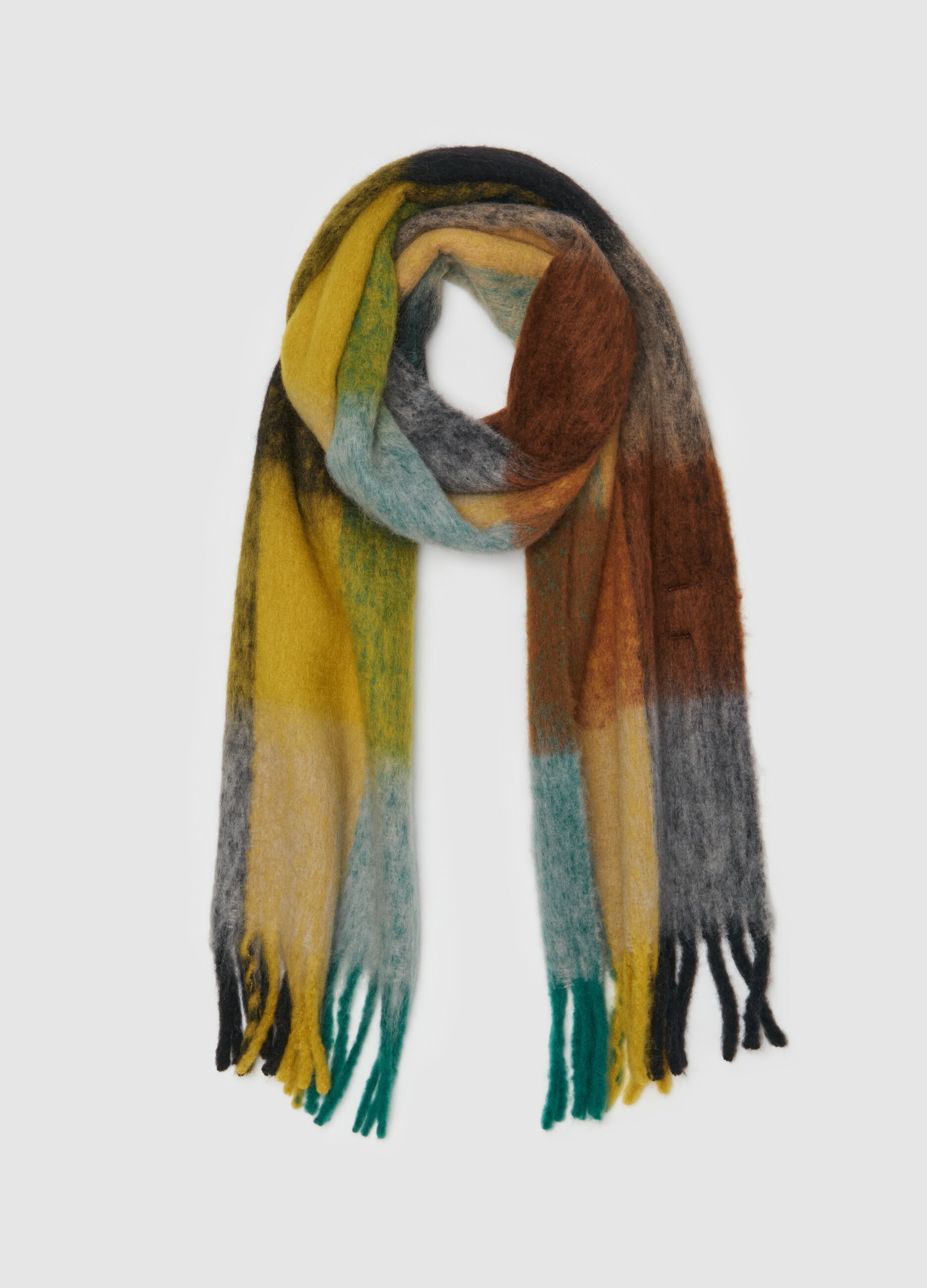 Multicoloured check scarf with fringing