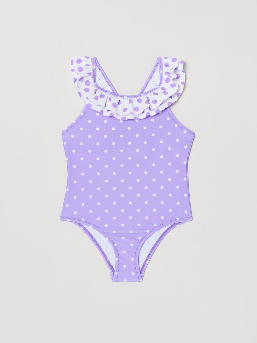 One-piece swimsuit with flounce and polka dot print_0