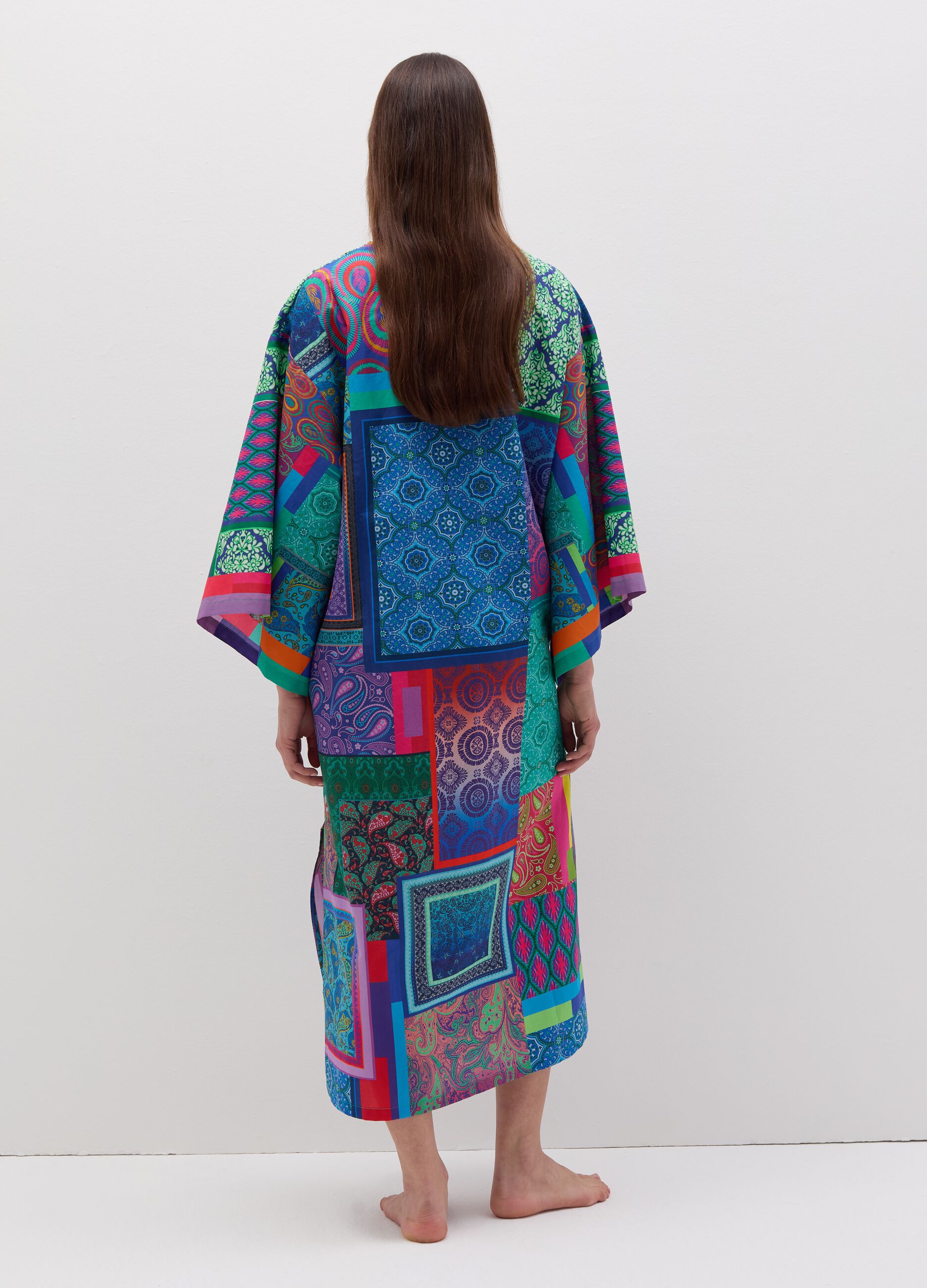 Beach cover-up poncho with ethnic print