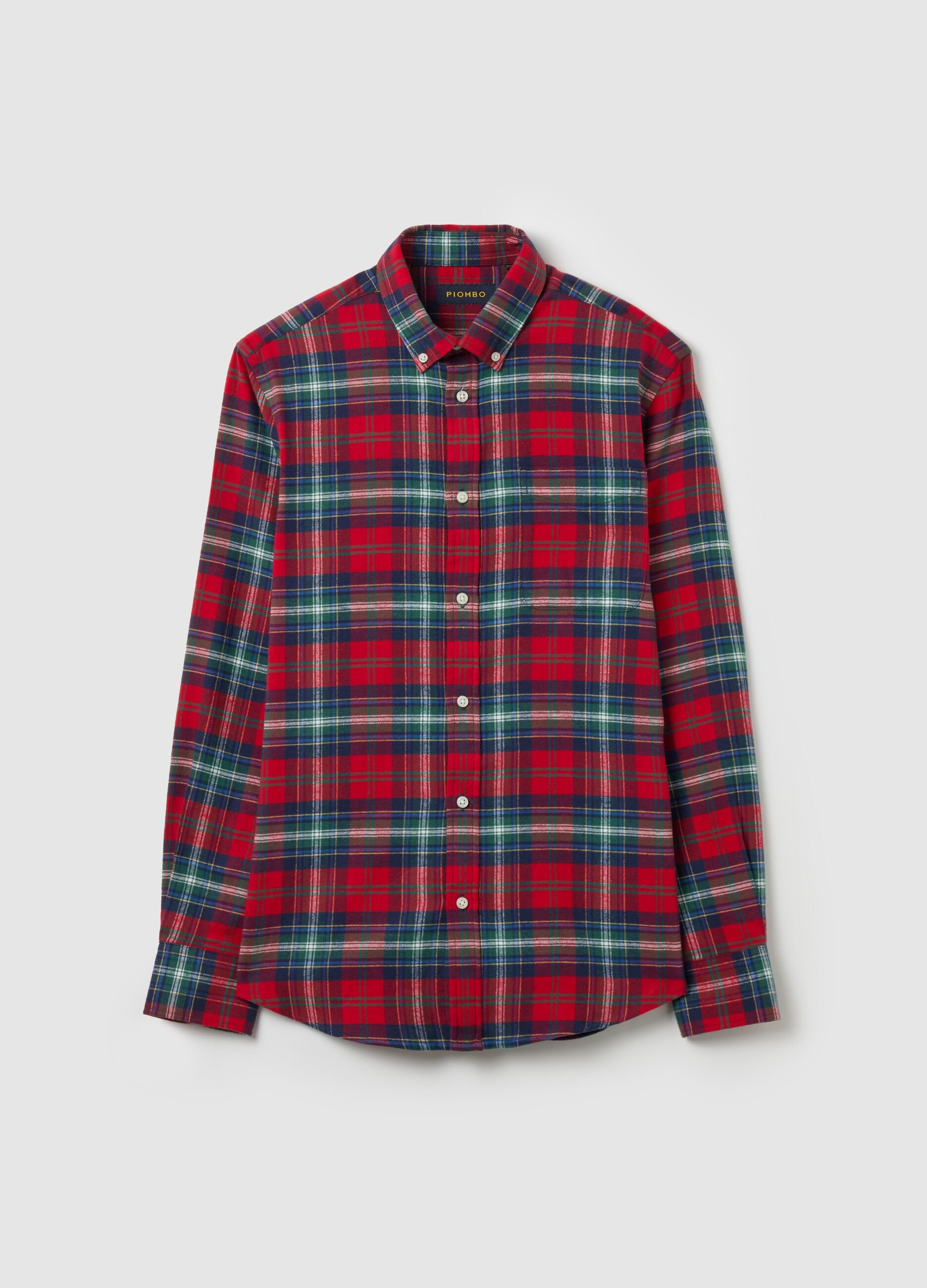 Flannel shirt with check pattern and button-down collar