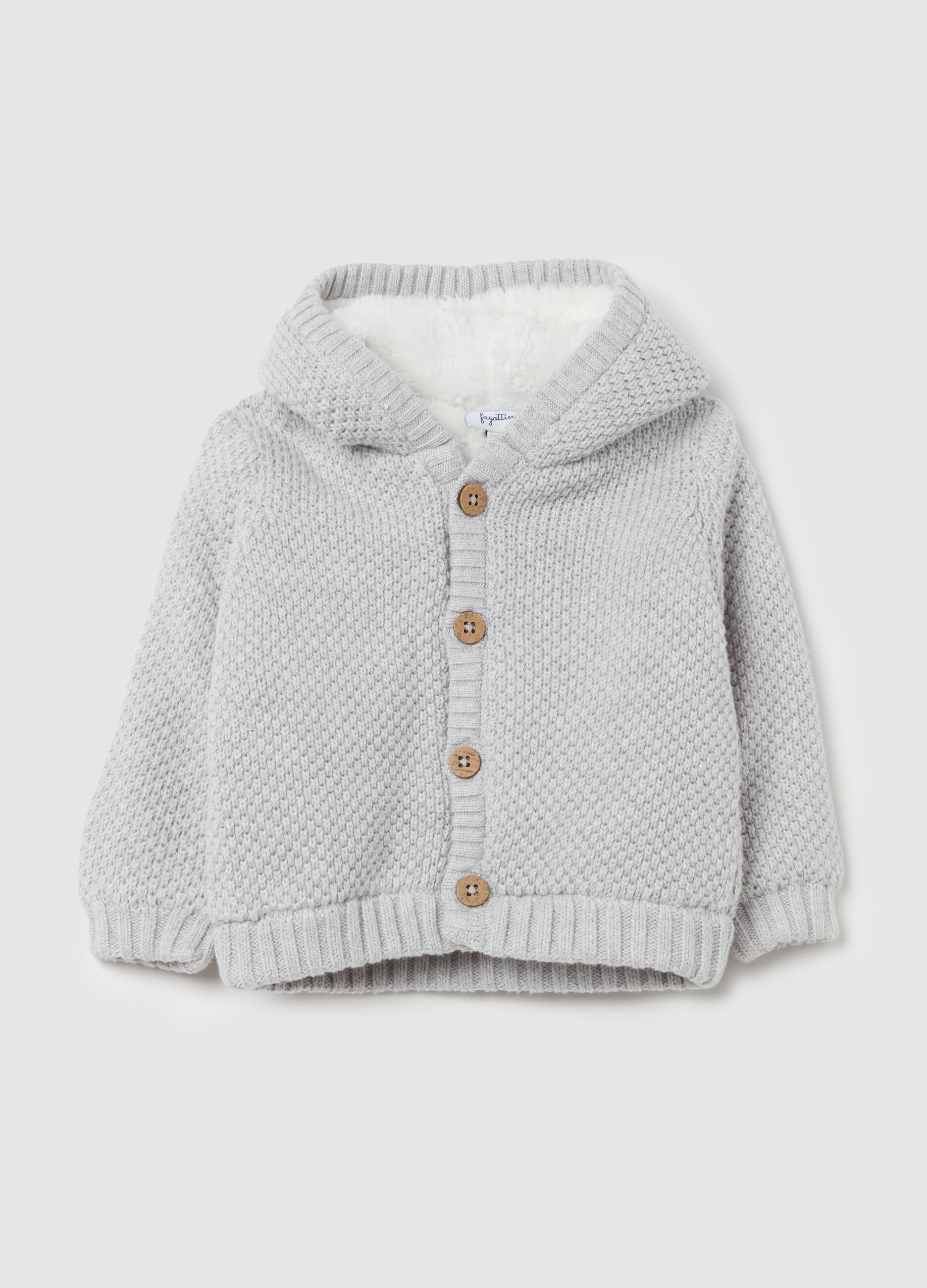 Giacca in maglia con cappuccio interno in sherpa