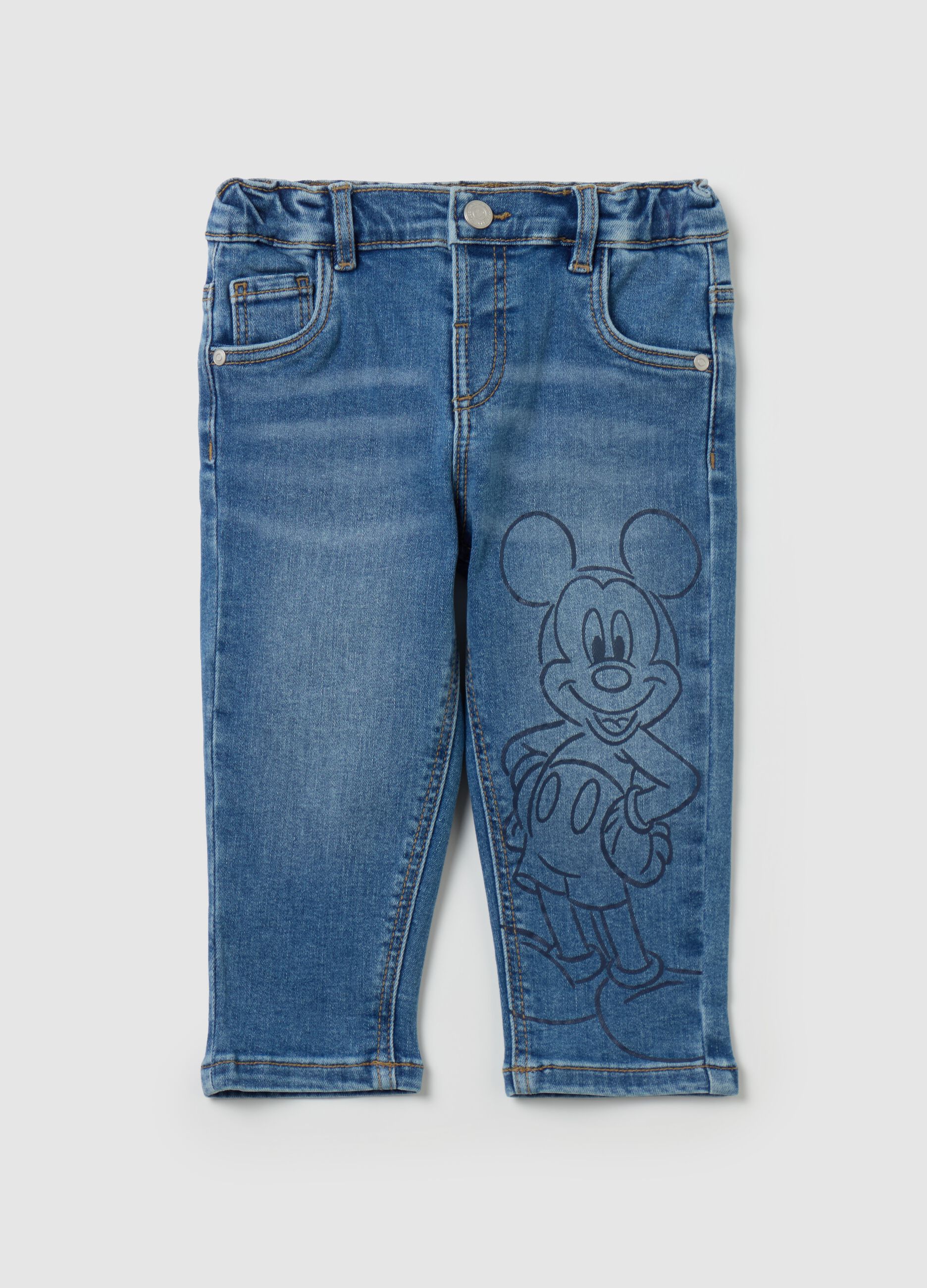 Jeans cinque tasche con stampa Topolino