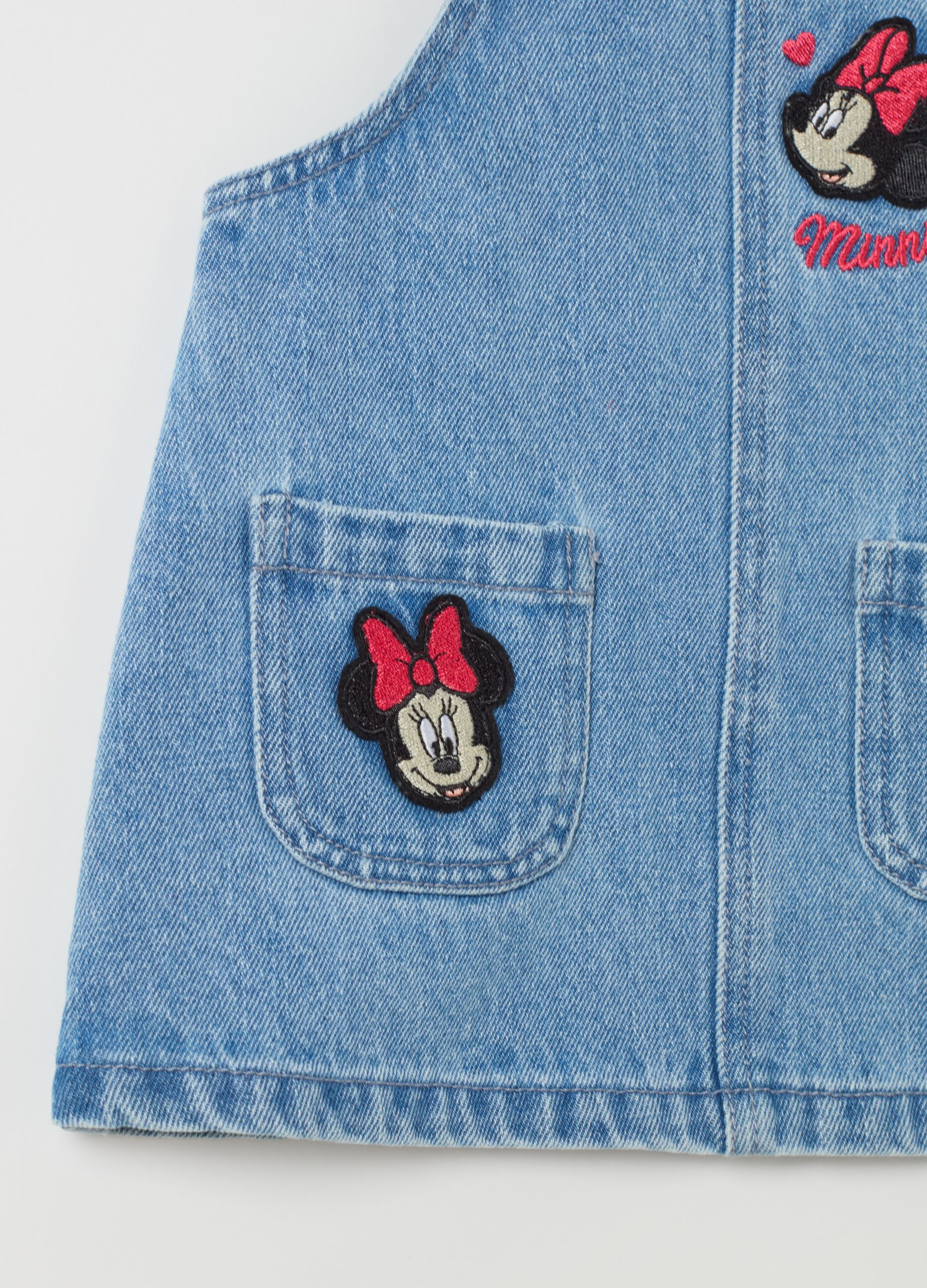 Salopette gonna in denim con patch Minnie