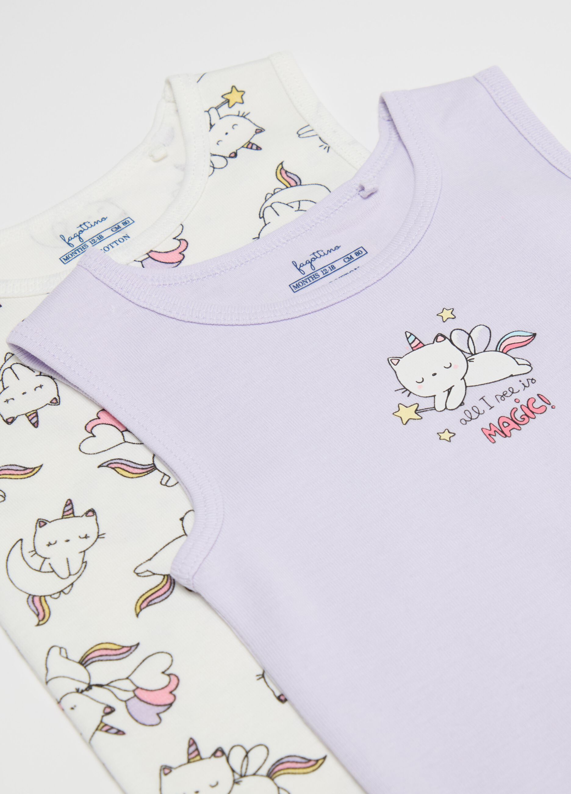 Two-pack bodysuits in organic cotton with unicorn kitten