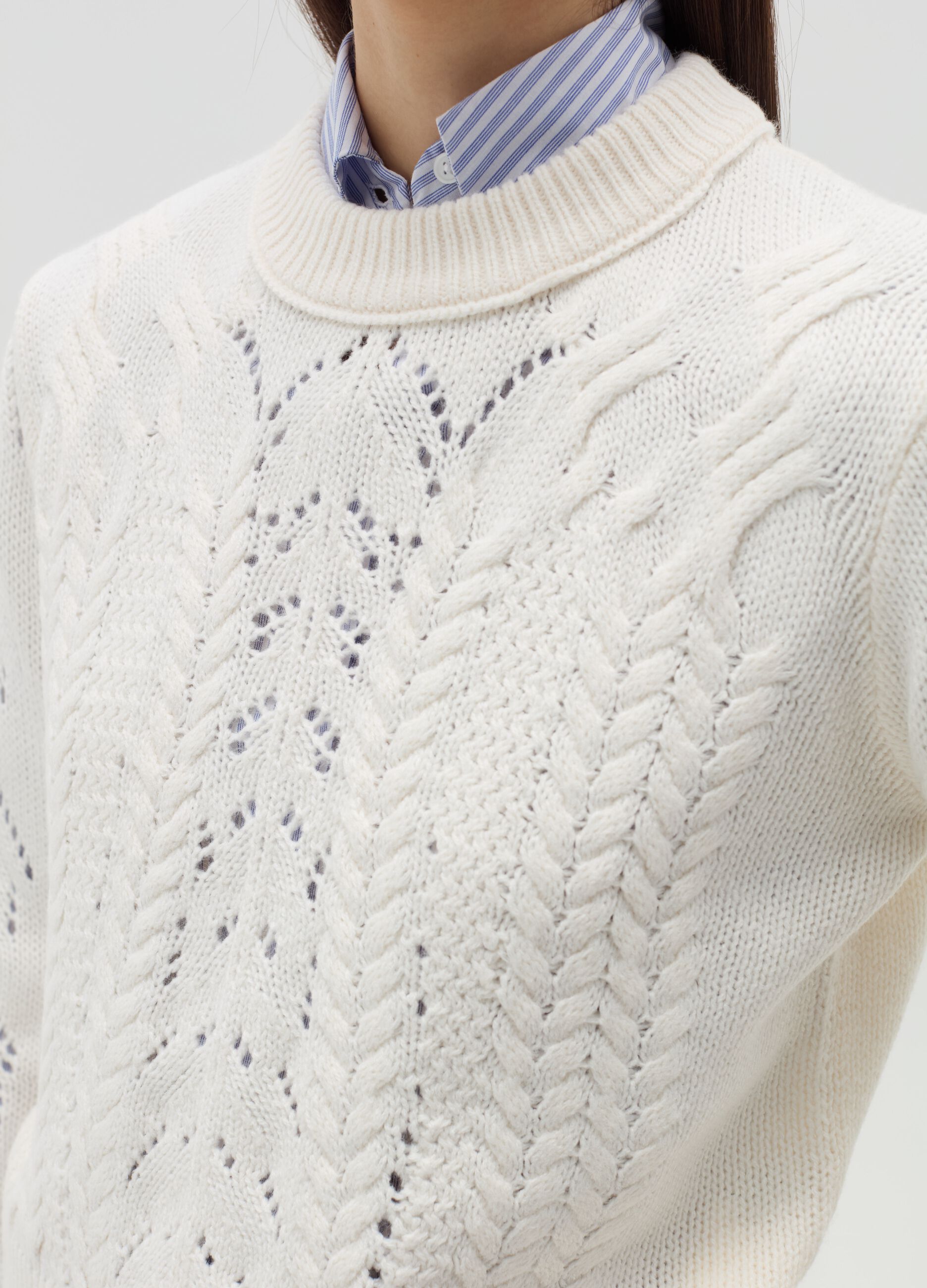 Cropped pointelle pullover with cable-knit design