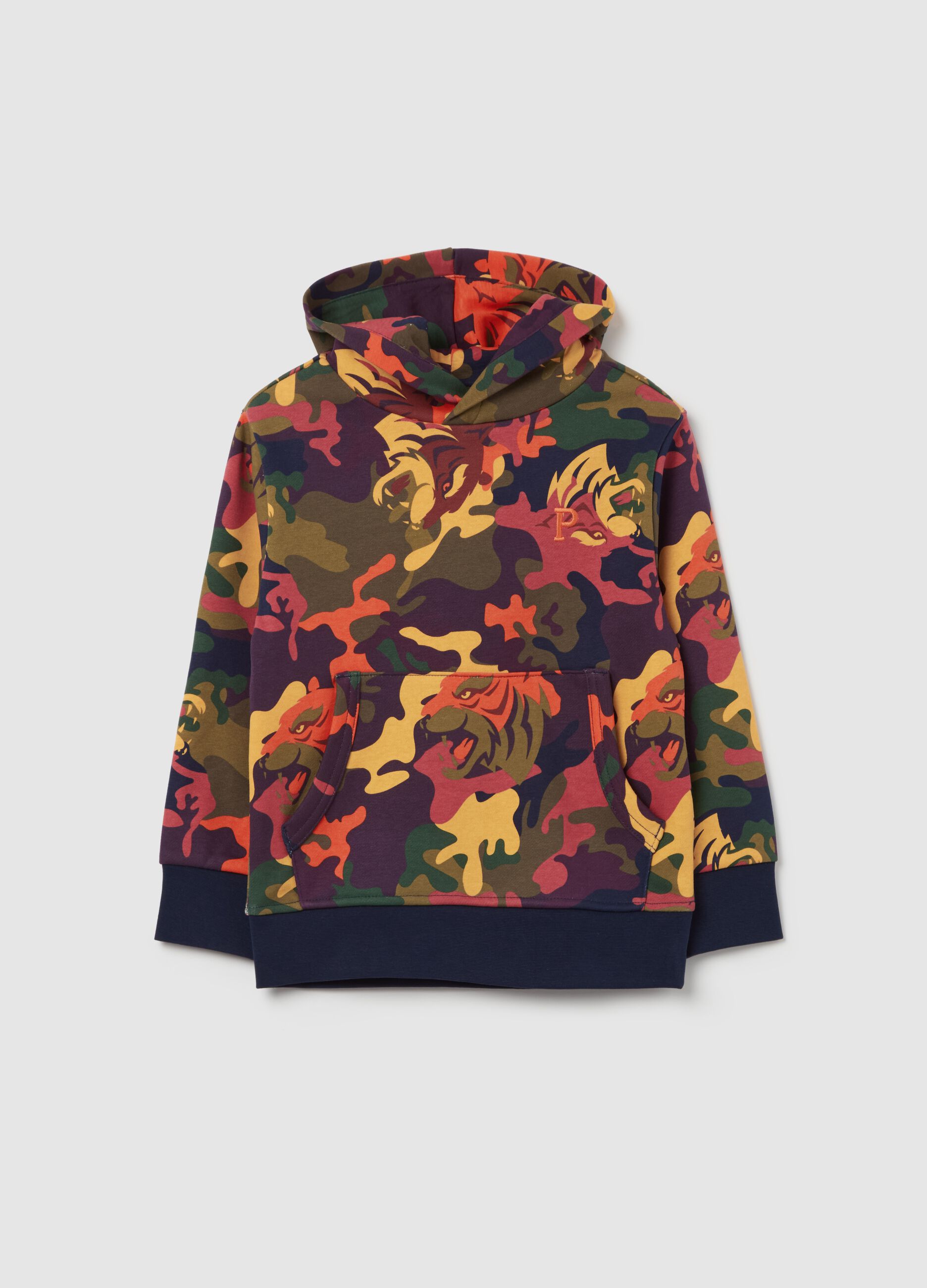 Camouflage sweatshirt with hood and logo embroidery