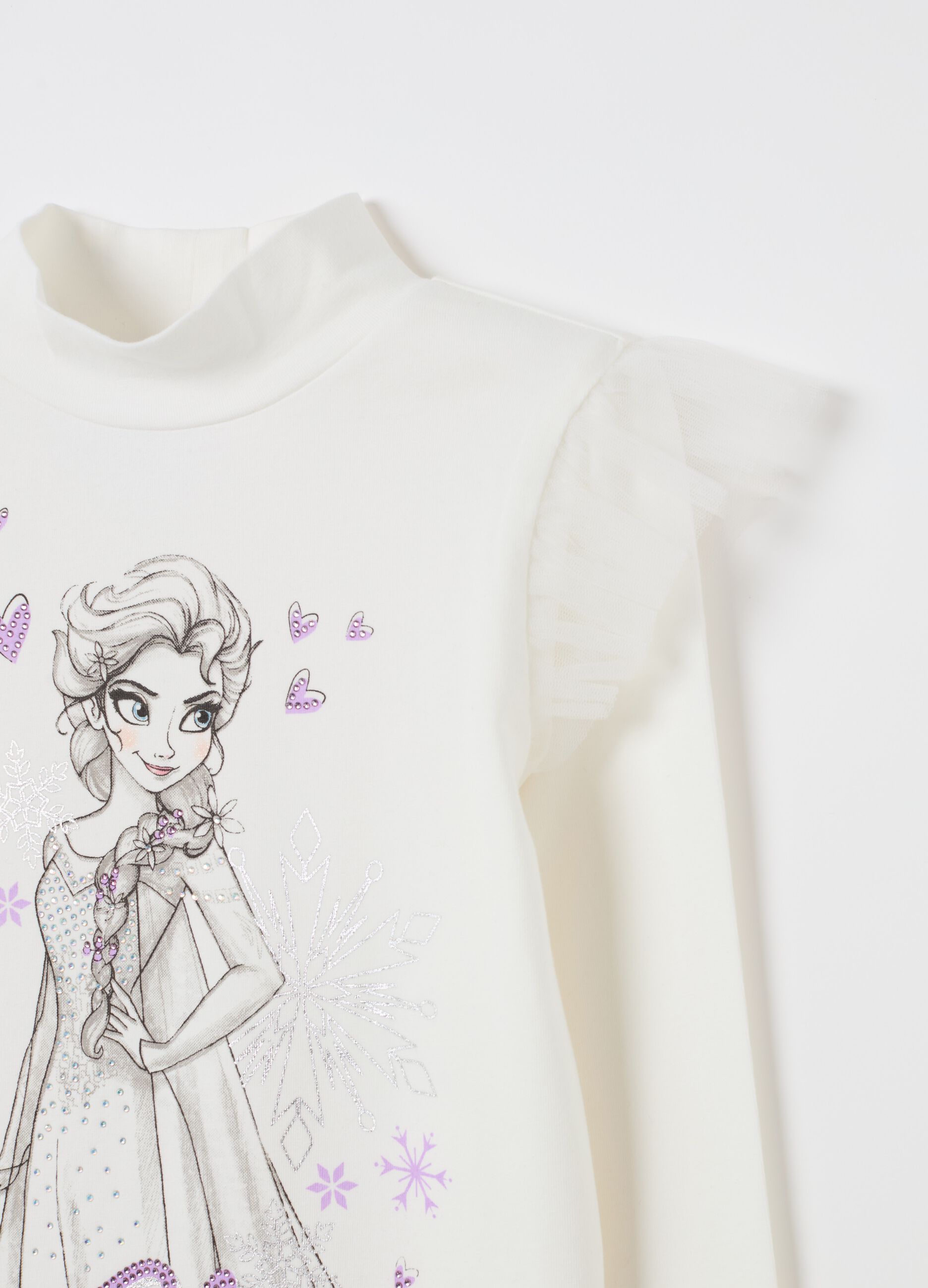 T-shirt a collo alto con stampa Elsa e strass