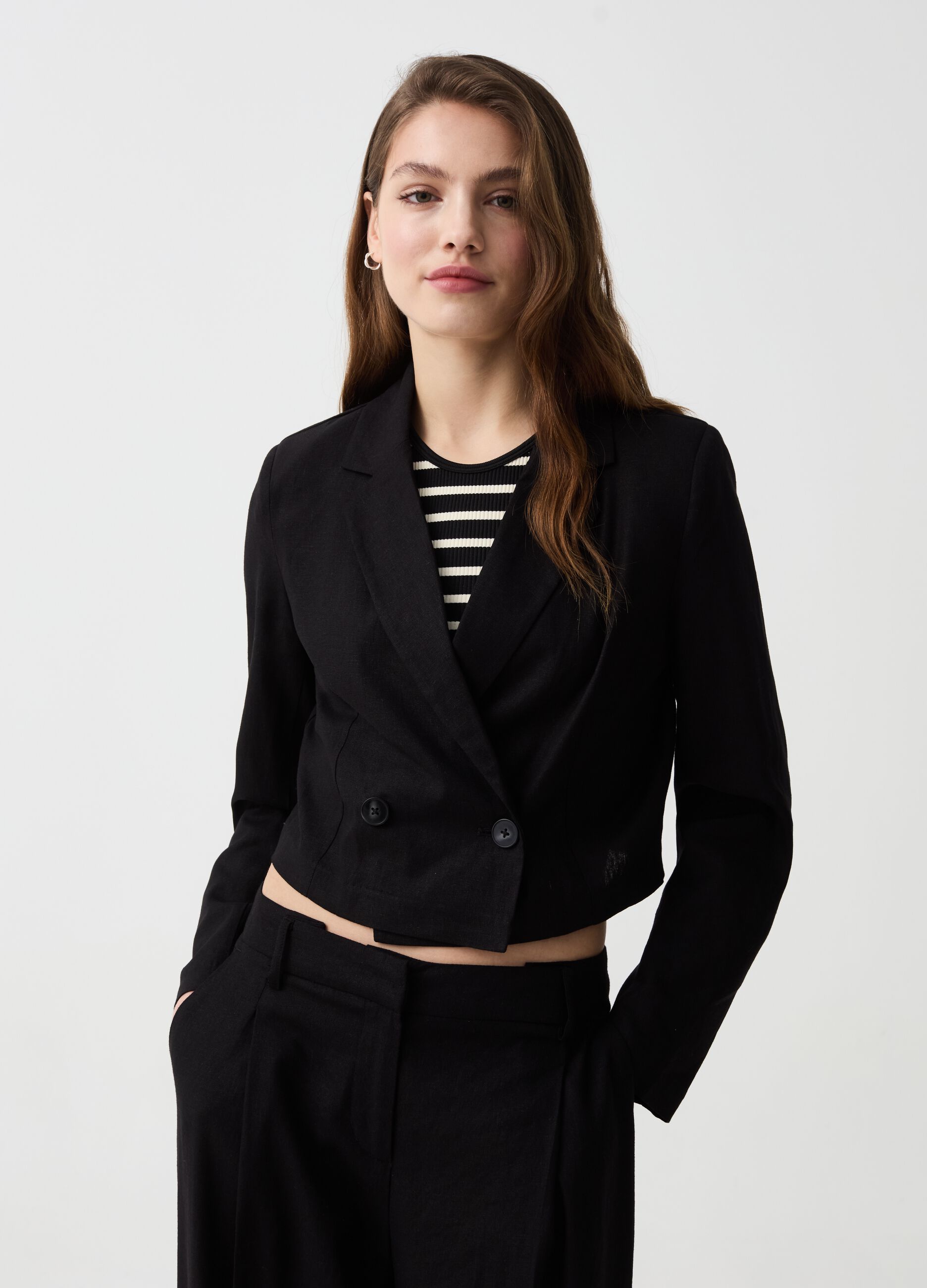 Ovs Blazer cropped in lino e viscosa