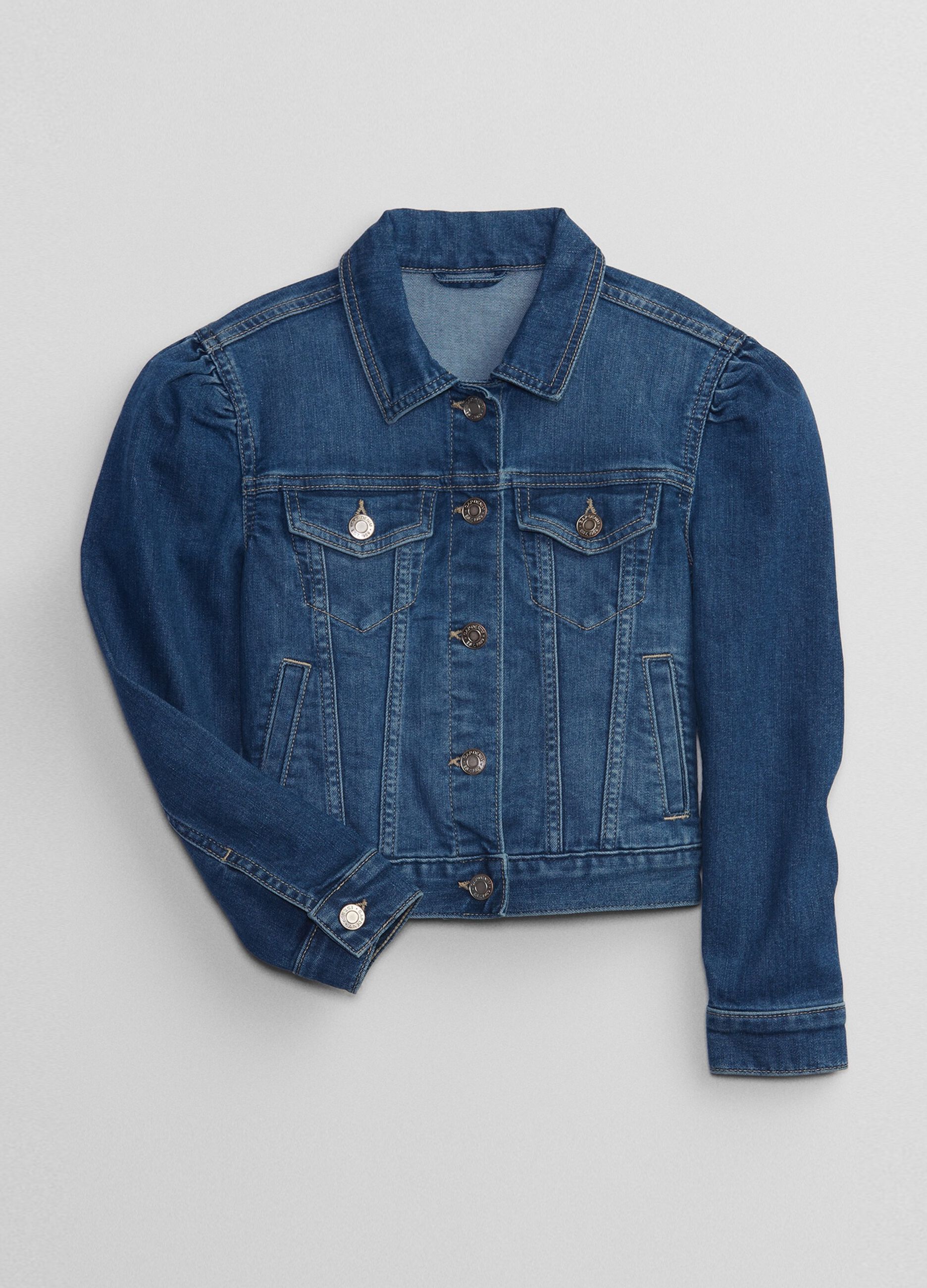 Short jacket in denim with puff sleeves