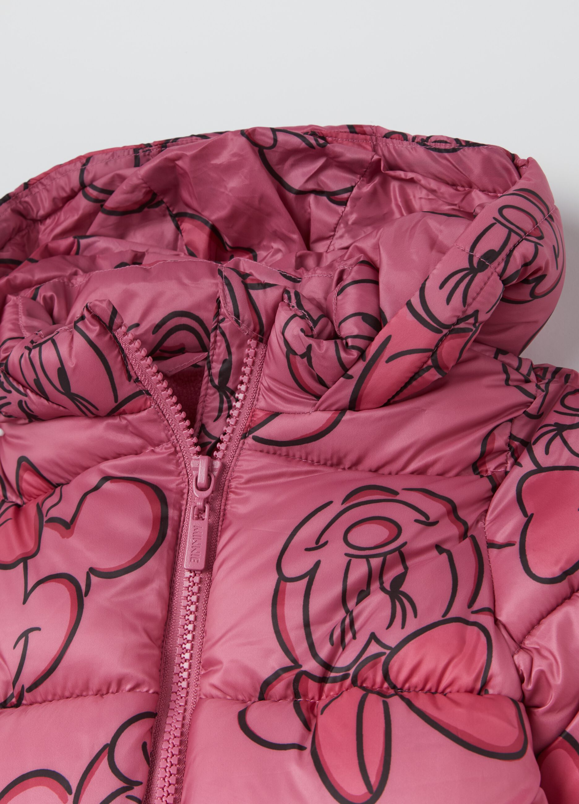 Down jacket with hood and Minnie Mouse print