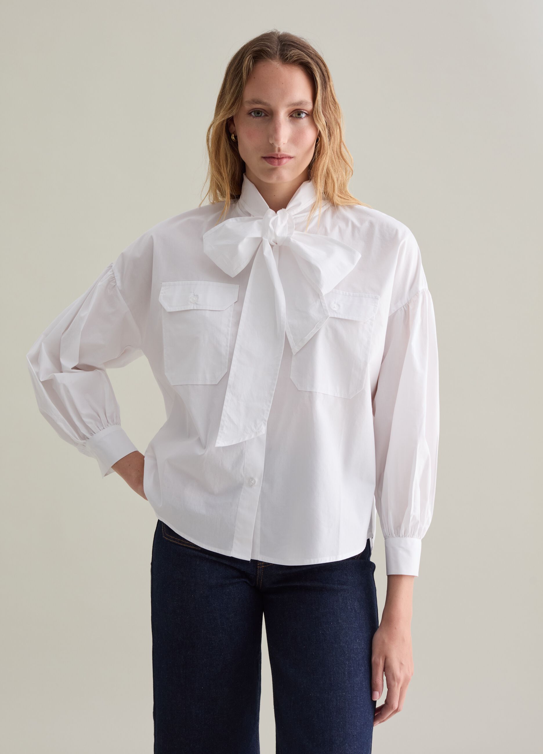 Cotton shirt with bow scarf