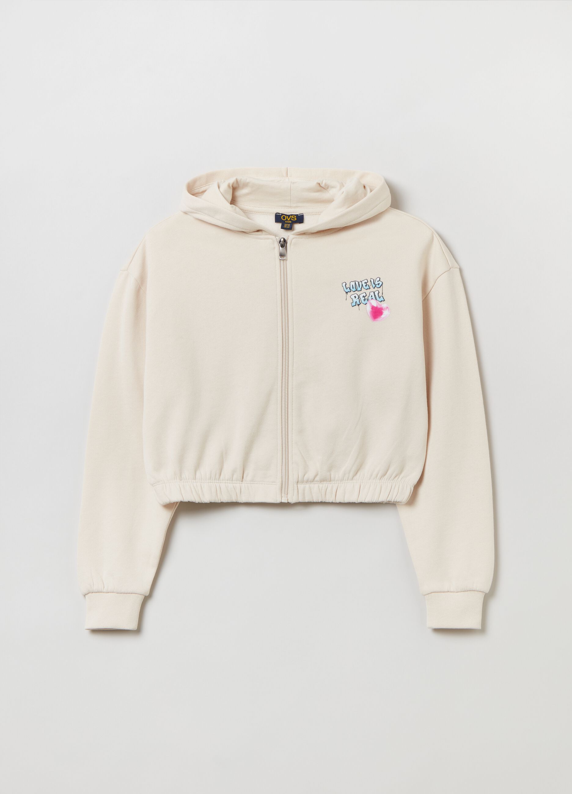 Cropped full-zip sweatshirt with hood and print