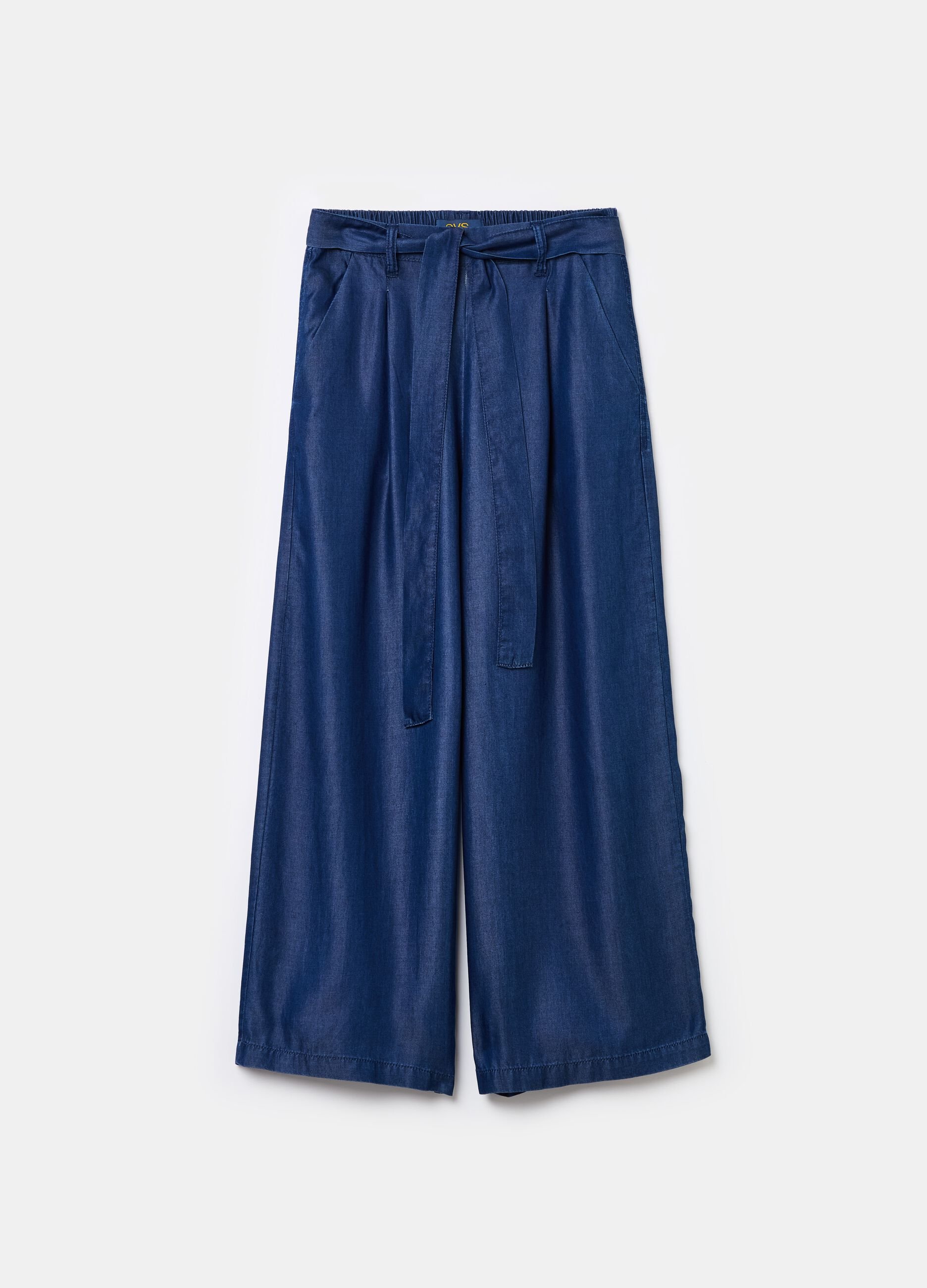 Denim-effect fluid trousers with belt