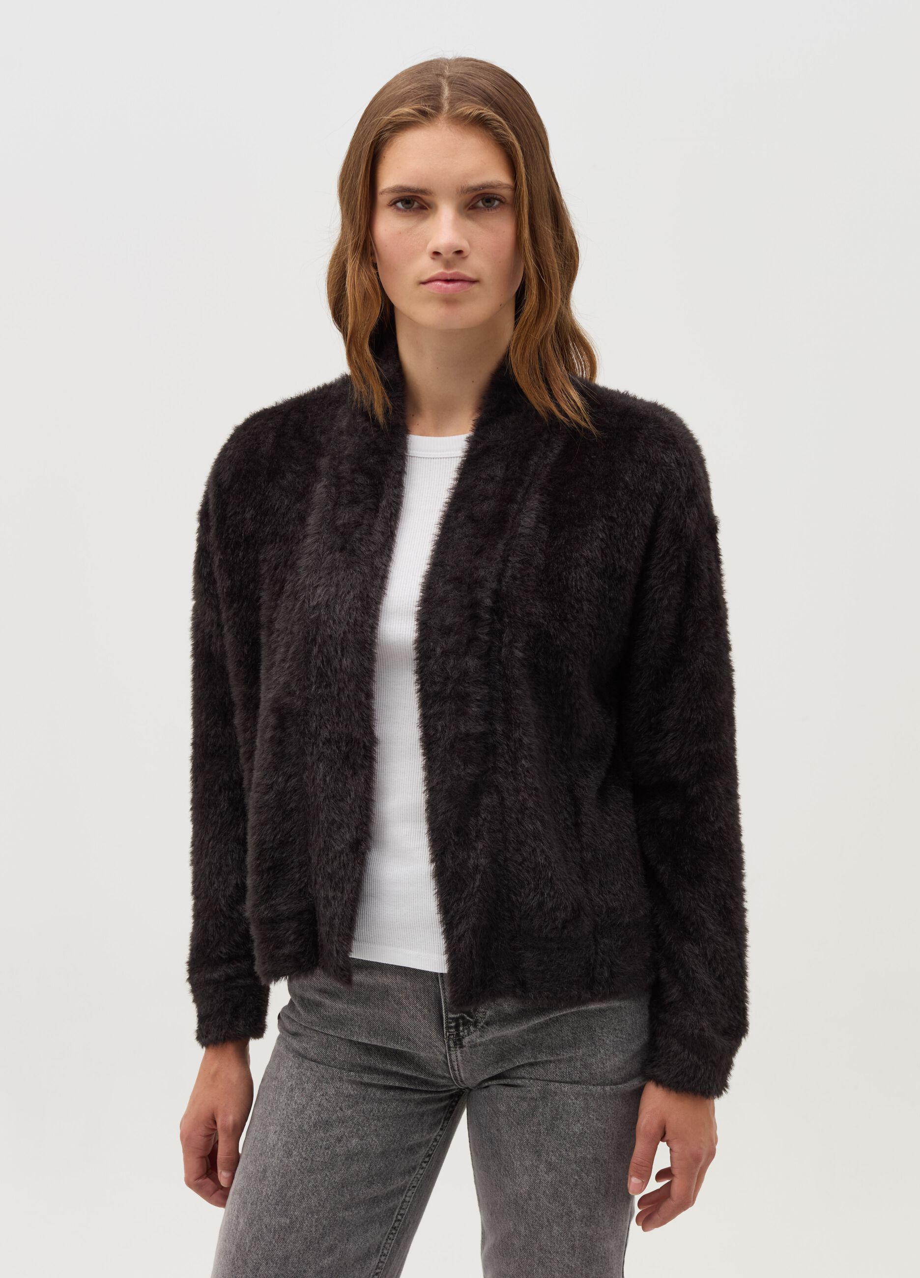 Open cardigan in furry yarn