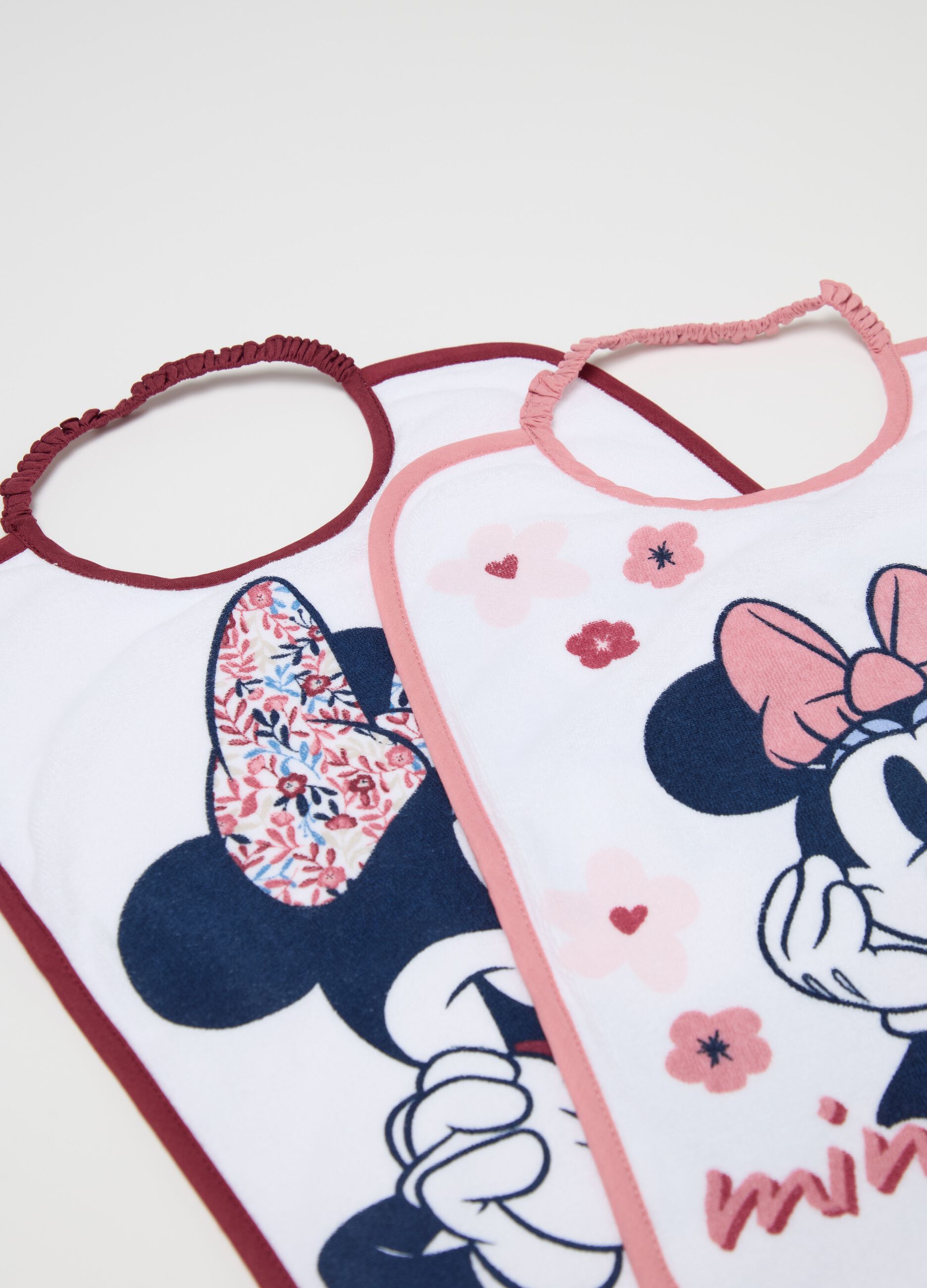 Three-pack bibs with PEVA backing and Minnie Mouse print