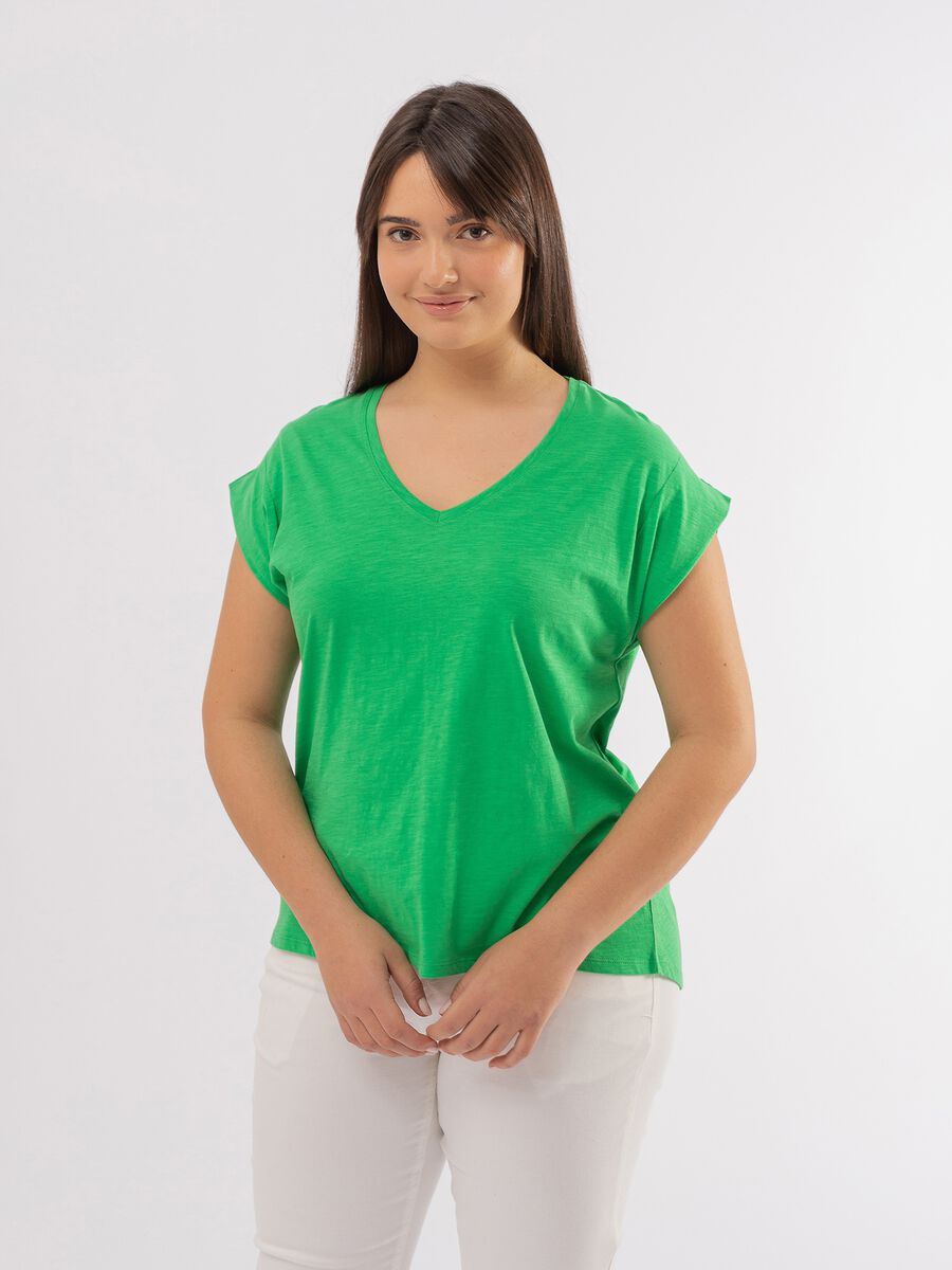 Curvy slub cotton T-shirt with V neck_1