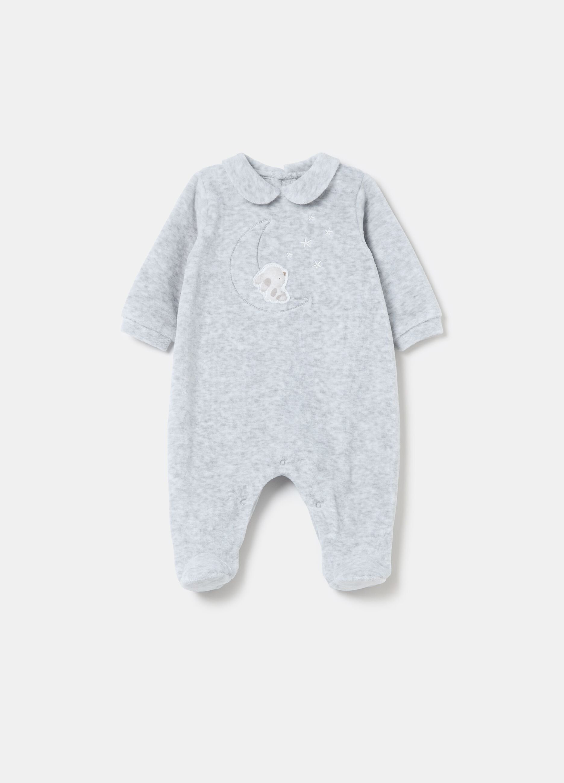 Velour onesie with feet and embroidery