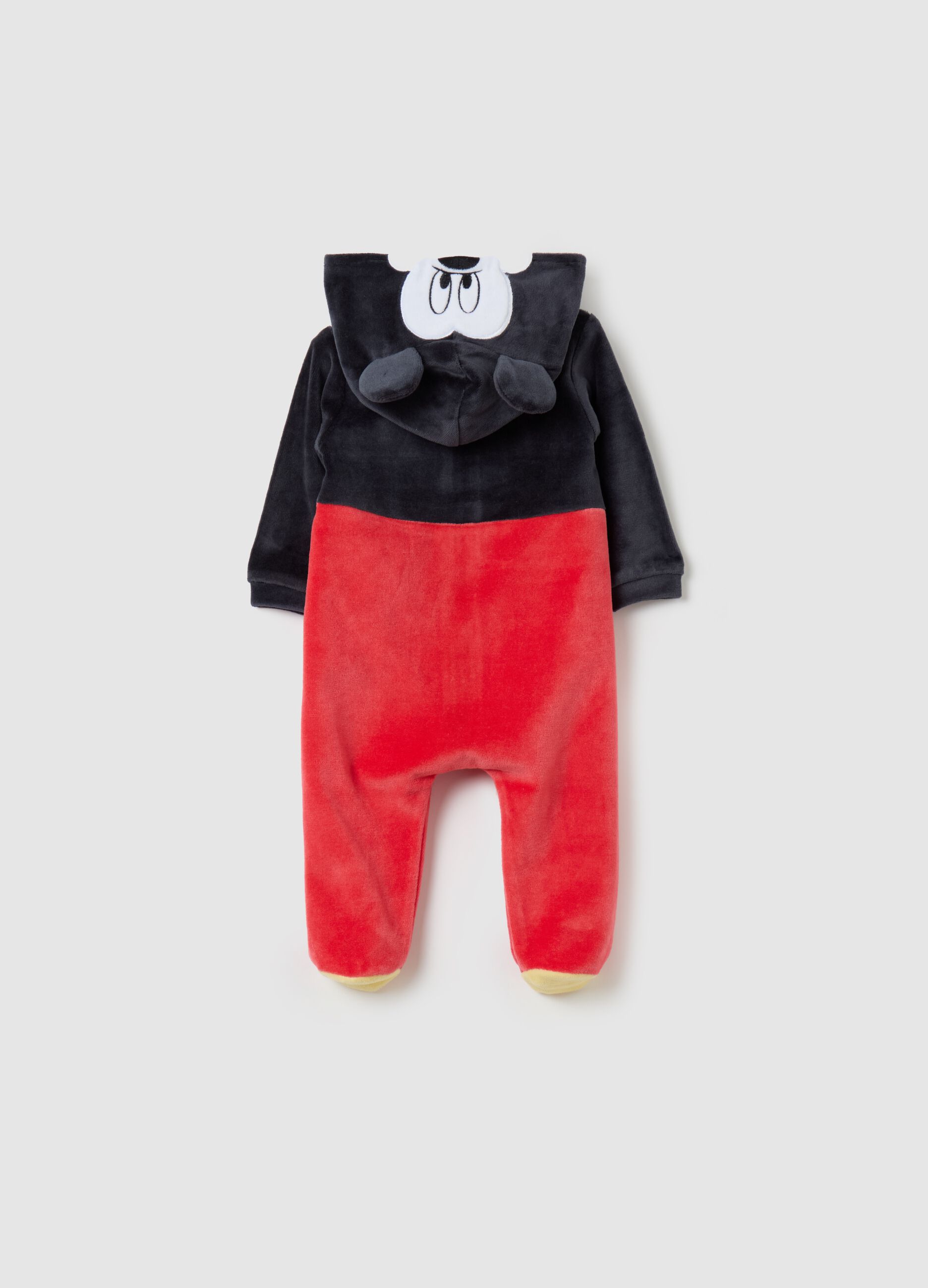 Velour onesie with feet and embroidered Mickey Mouse