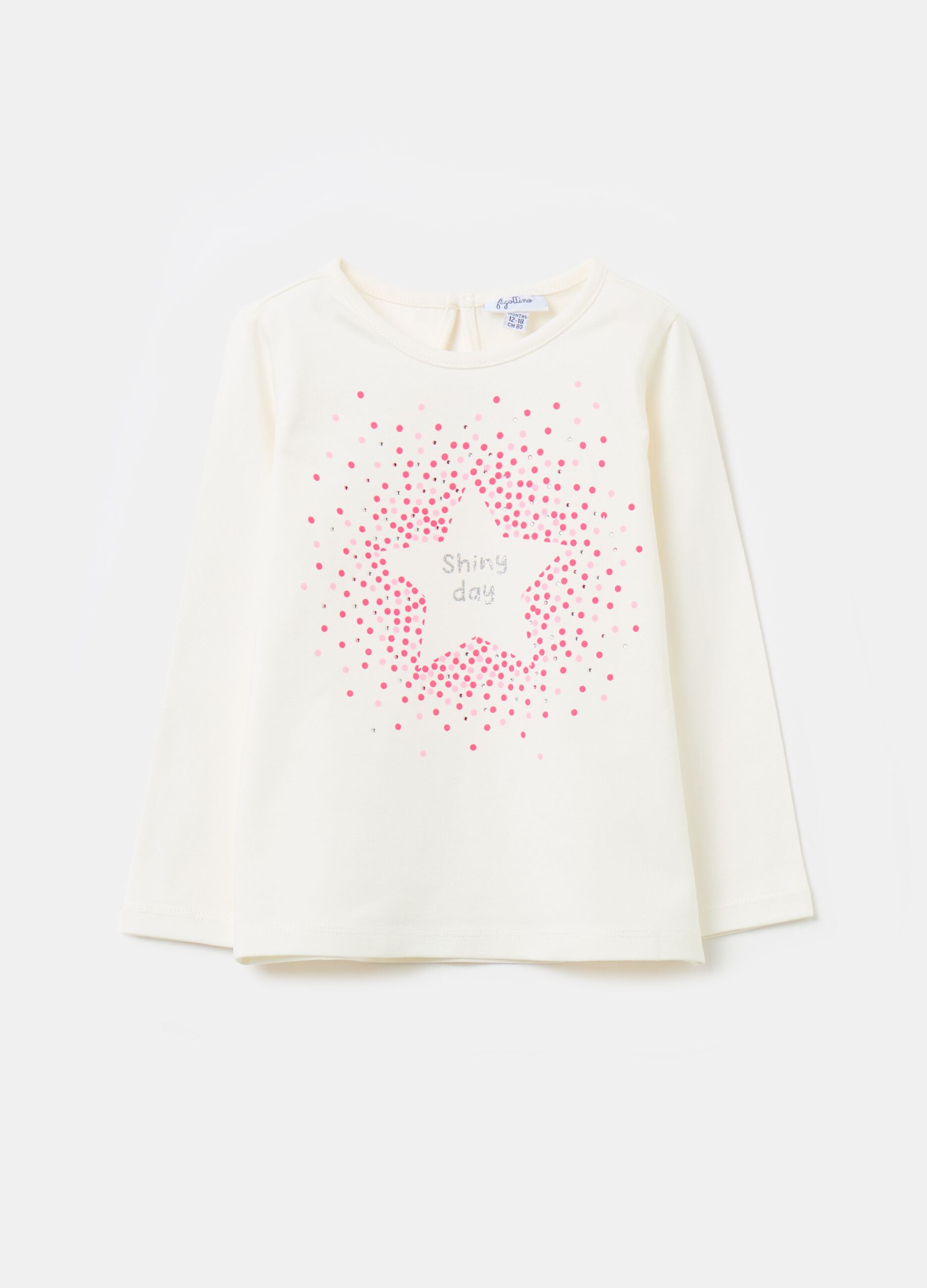 Long-sleeved T-shirt with diamantés and print