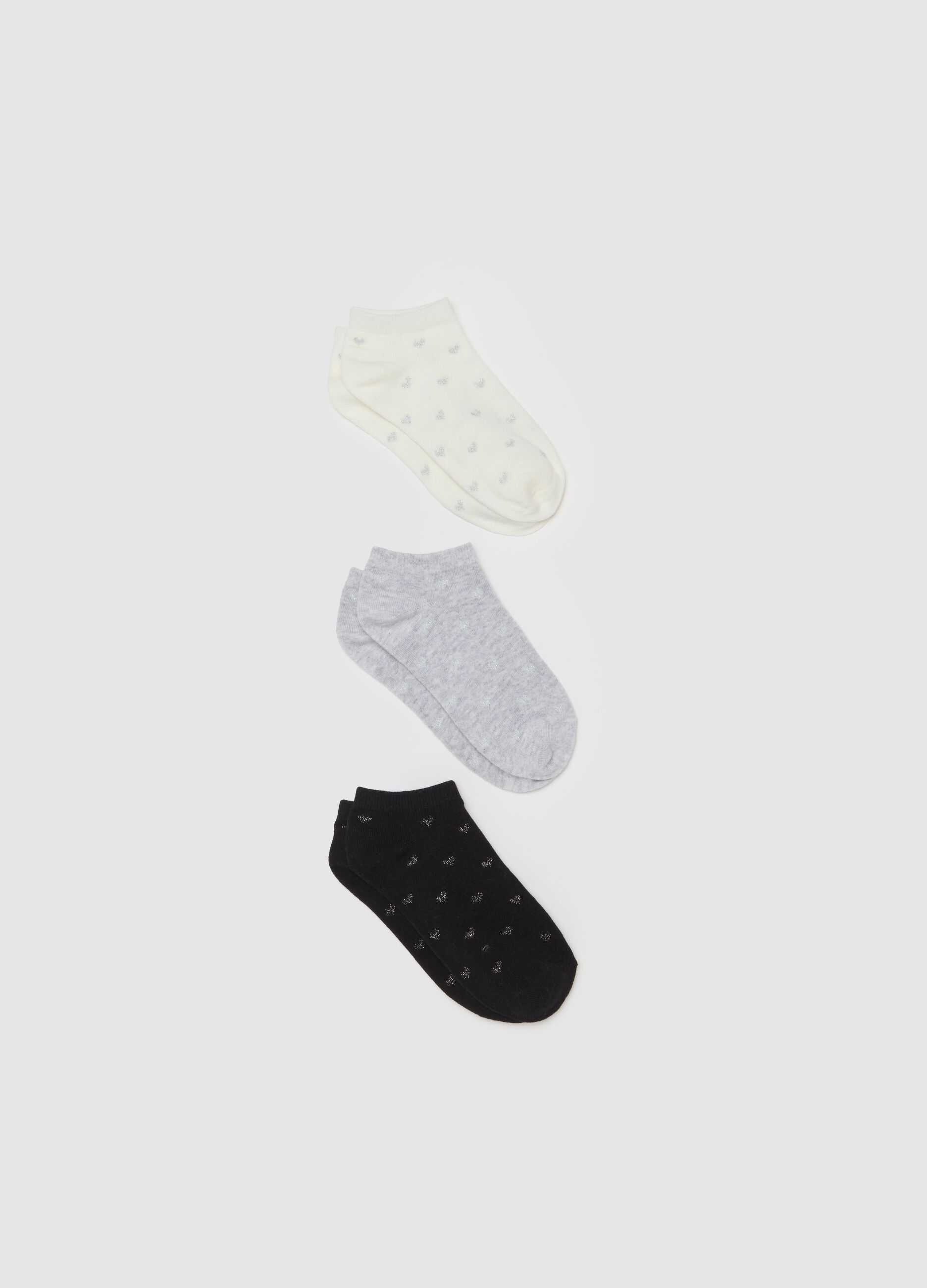 Three-pair pack shoe liners with lurex hearts