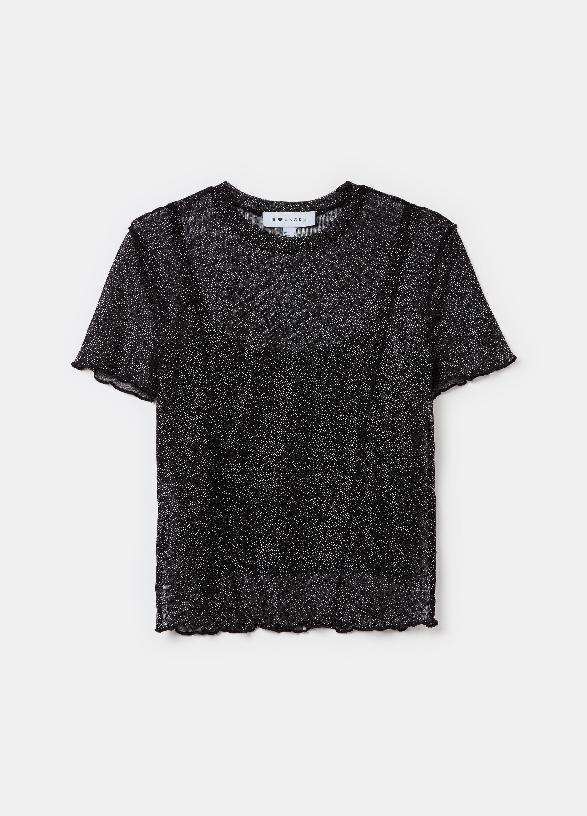 Crop T-shirt in mesh with wavy edging